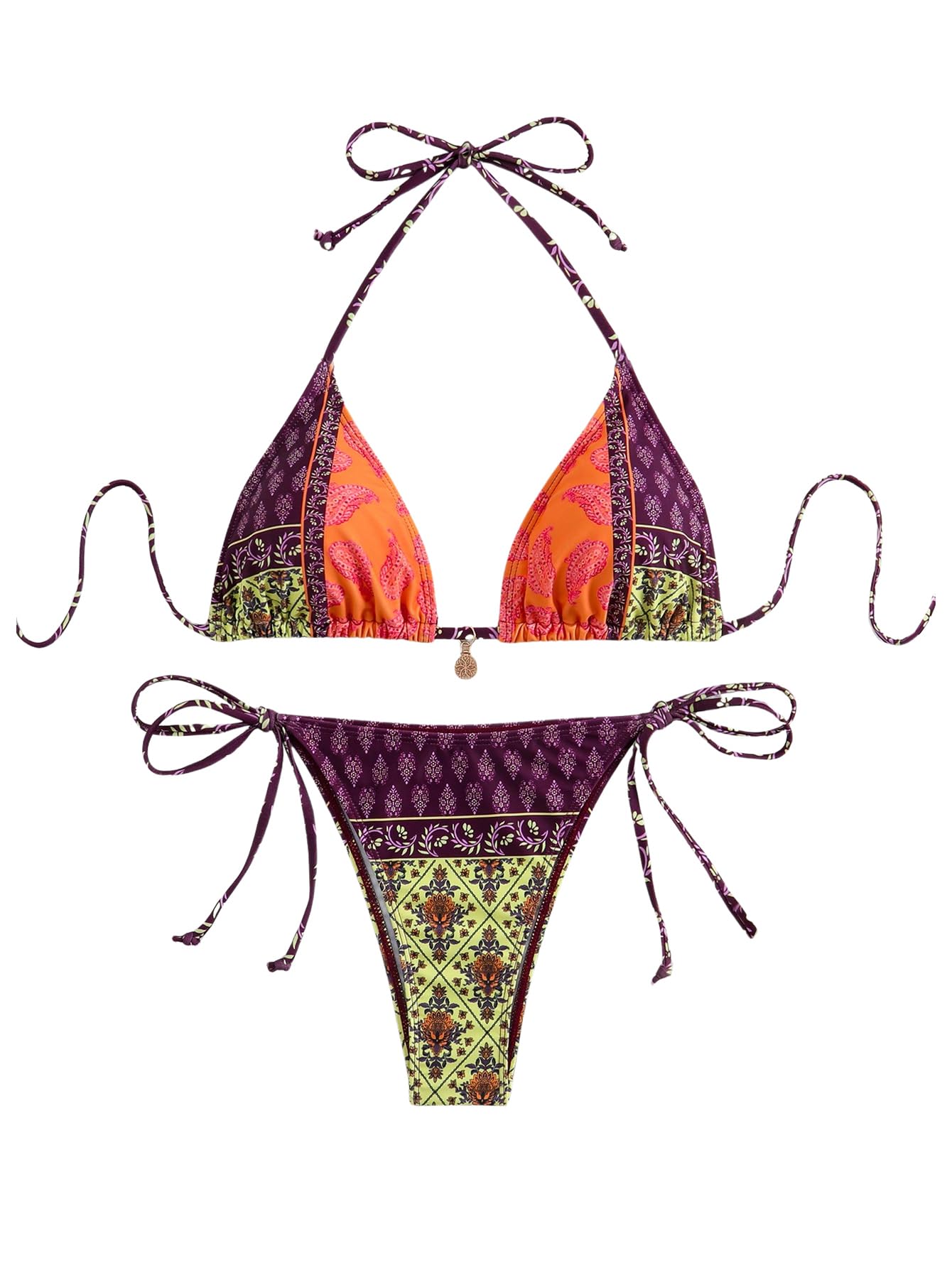 Women's 2 Piece Paisley Print Swimsuit Boho Halter Backless High Cut String Bikini Set