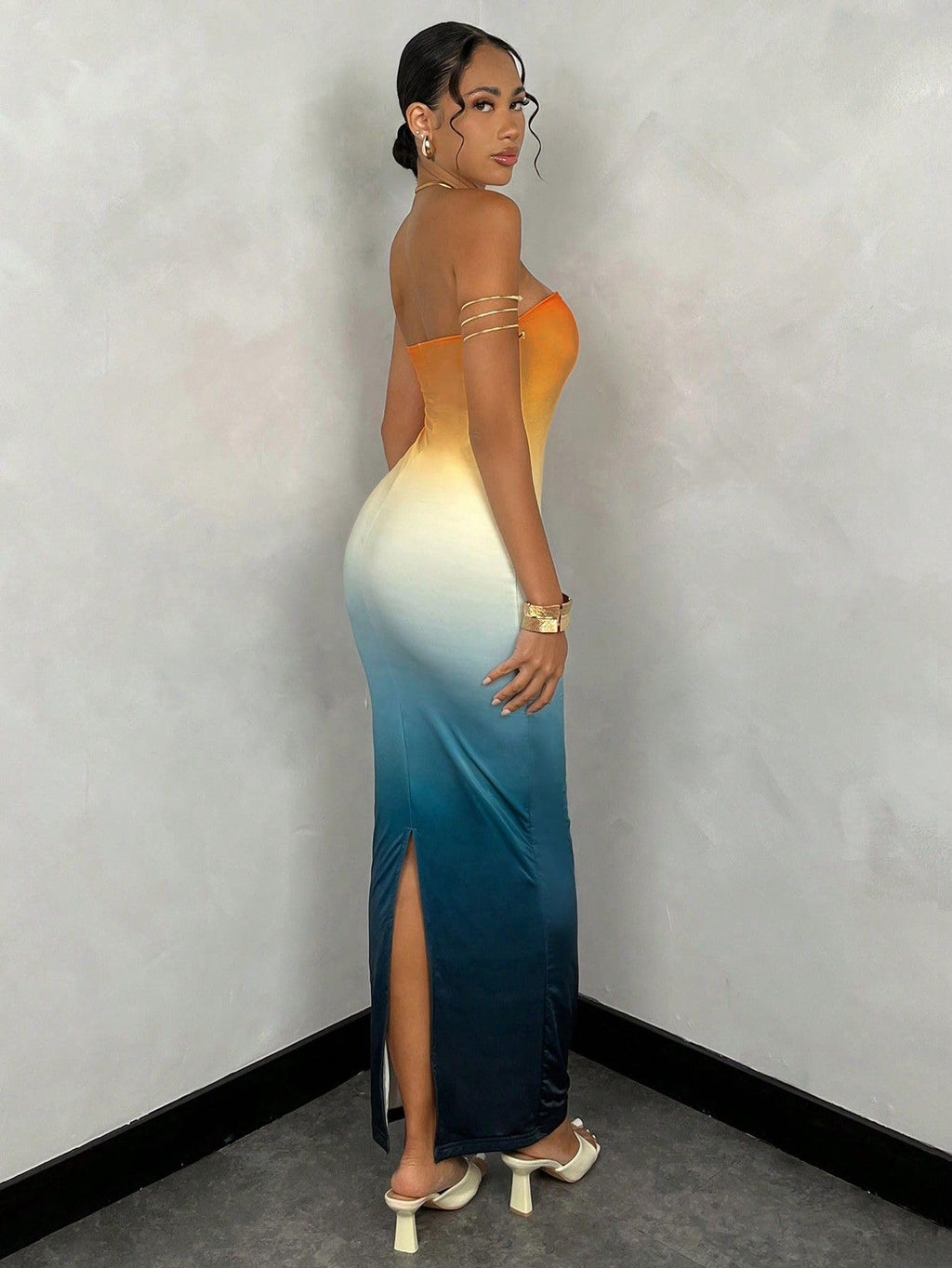 Women's Summer Gradient Strapless Tube Dress Bodycon Long Dress Side Slit Mesh Layered