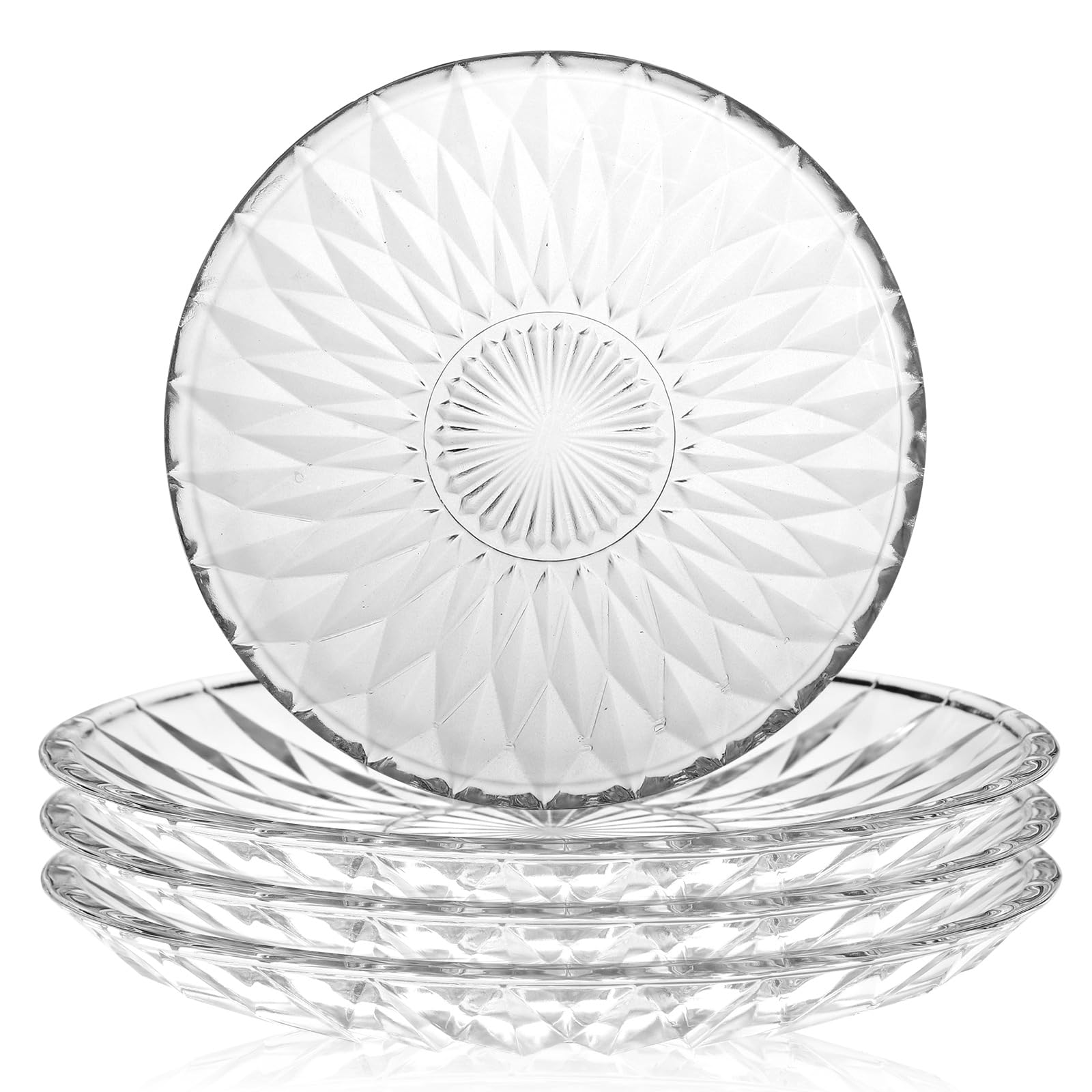 Glass Plates 4 Pack Vintage Dinnerware Set Clear Floral Textured Dinner Plates