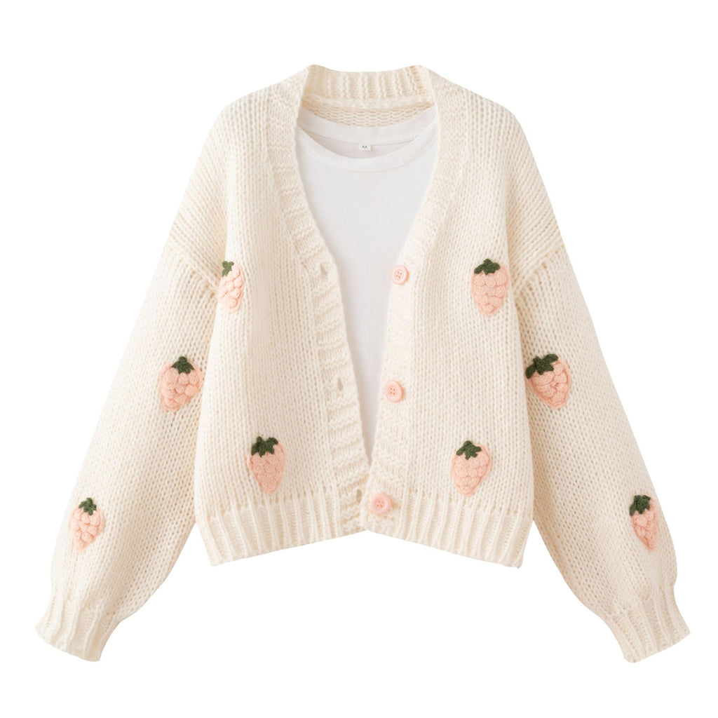 Women's Kawaii Strawberry Embroidered Cardigan Long Sleeve V Neck Chunky Knitted Cardigans