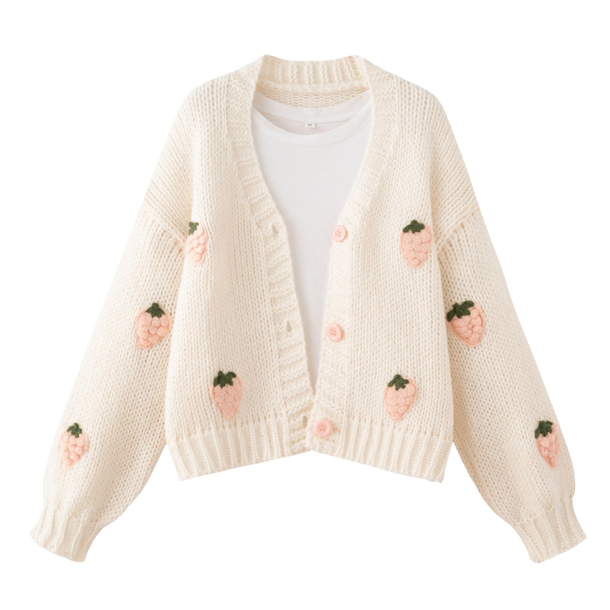 Women's Kawaii Strawberry Embroidered Cardigan Long Sleeve V Neck Chunky Knitted Cardigans
