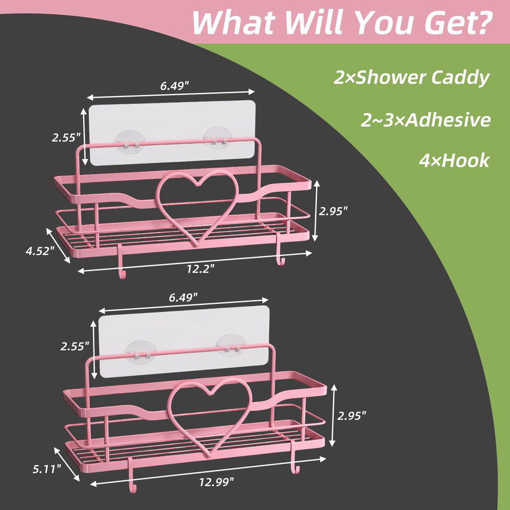 Heart Shower Caddy with 4 Removable Hooks, 2 Pack Sweet Heart Shower Shelves, No Drilling Adhesive Organizer Shelf