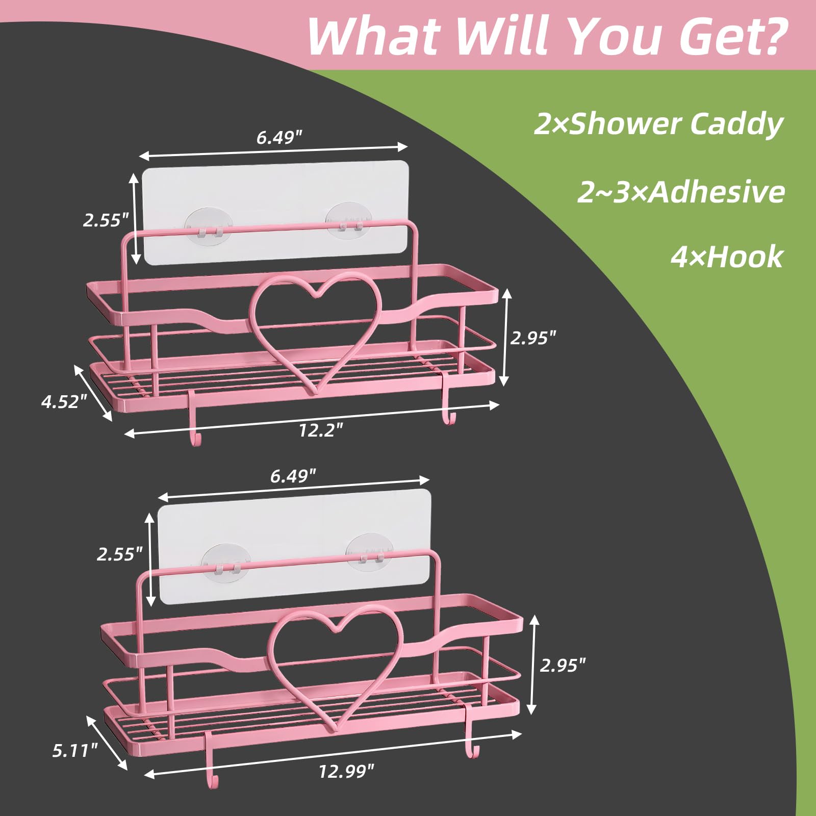 Heart Shower Caddy with 4 Removable Hooks, 2 Pack Sweet Heart Shower Shelves, No Drilling Adhesive Organizer Shelf