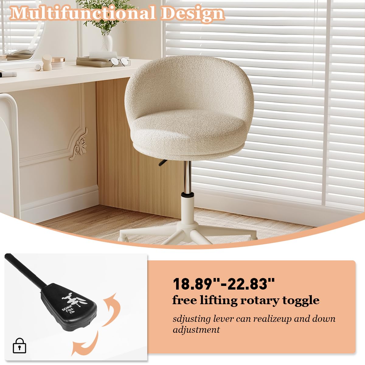 Modern Vanity Chair with Back, 360° Swivel Makeup Desk Chair Small Office Chair with Wheels, Height Adjustable Armless Computer Task Chair