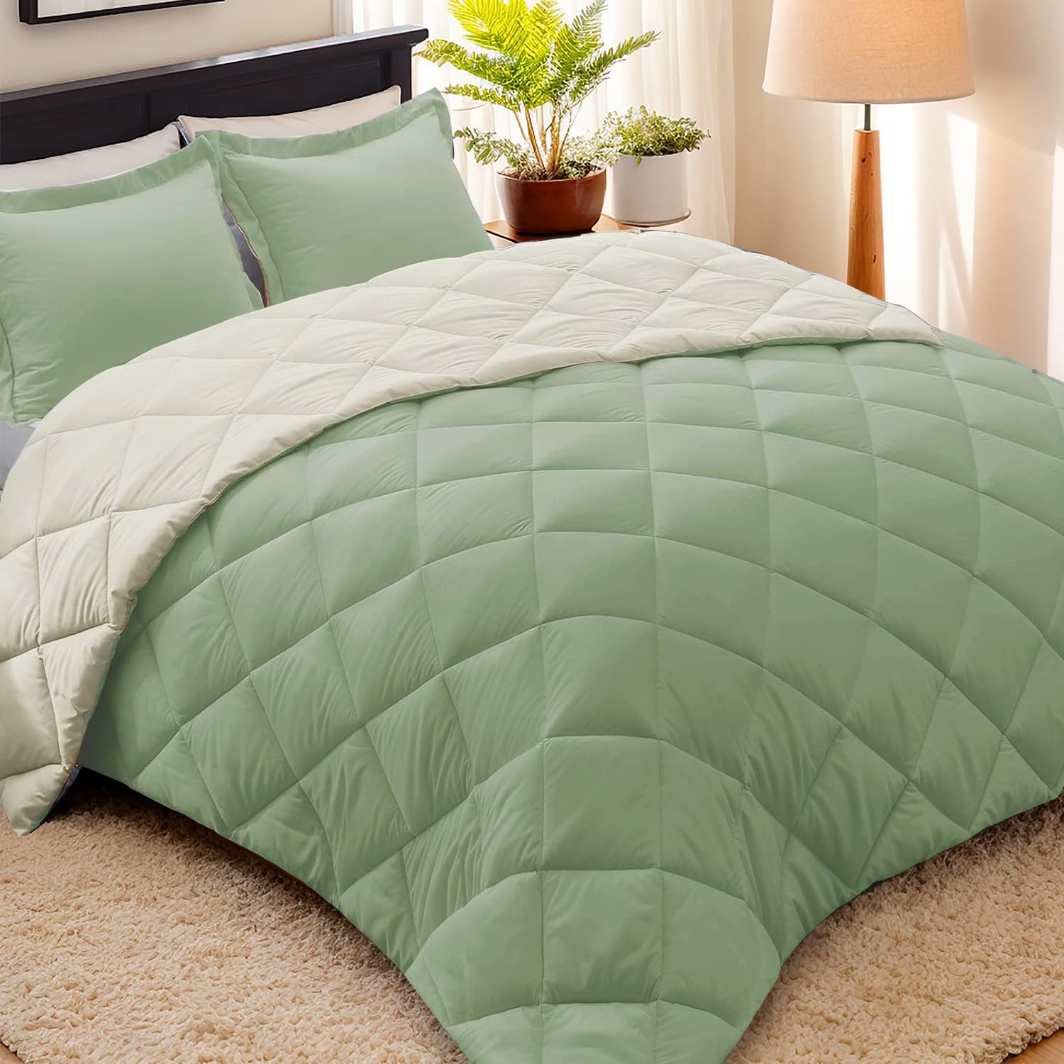 Reversible Down Alternative Comforter with Two Shams - Quilted Duvet Insert with Corner Tabs - Box Stitched Blanket - Super Soft, Fluffy
