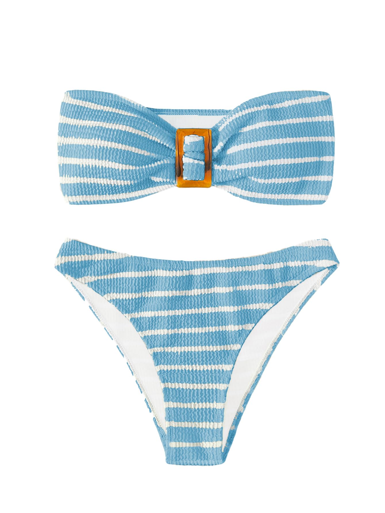 Women's 2 Piece Strapless Swimsuit Striped Bandeau High Waisted Thong Bikini Set Bathing Suit