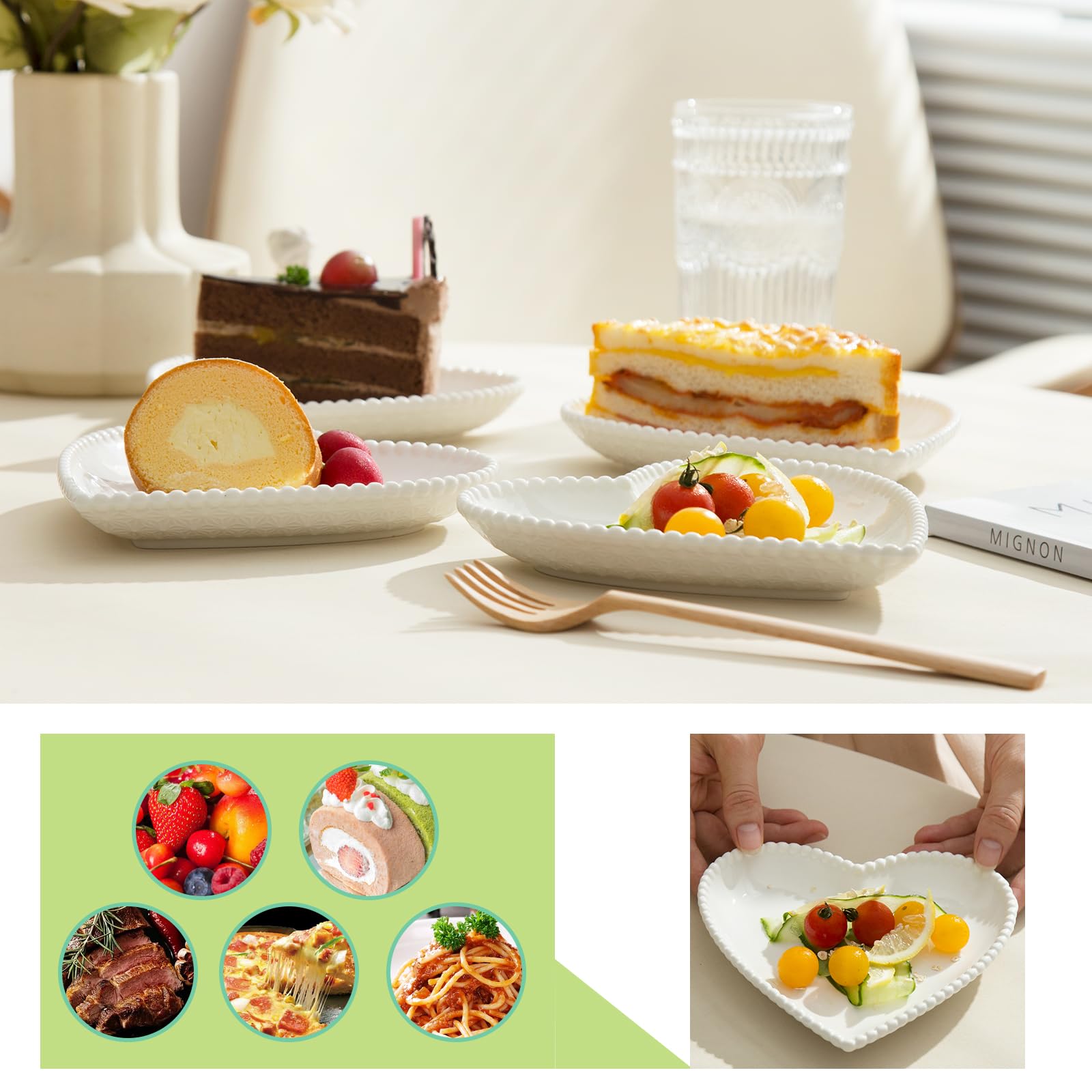 Porcelain Dessert Plates Set of 8, Heart Shaped Appetizer Plates, White Salad Dinnerware Set, White with Pearl Dots 7.5 Inch