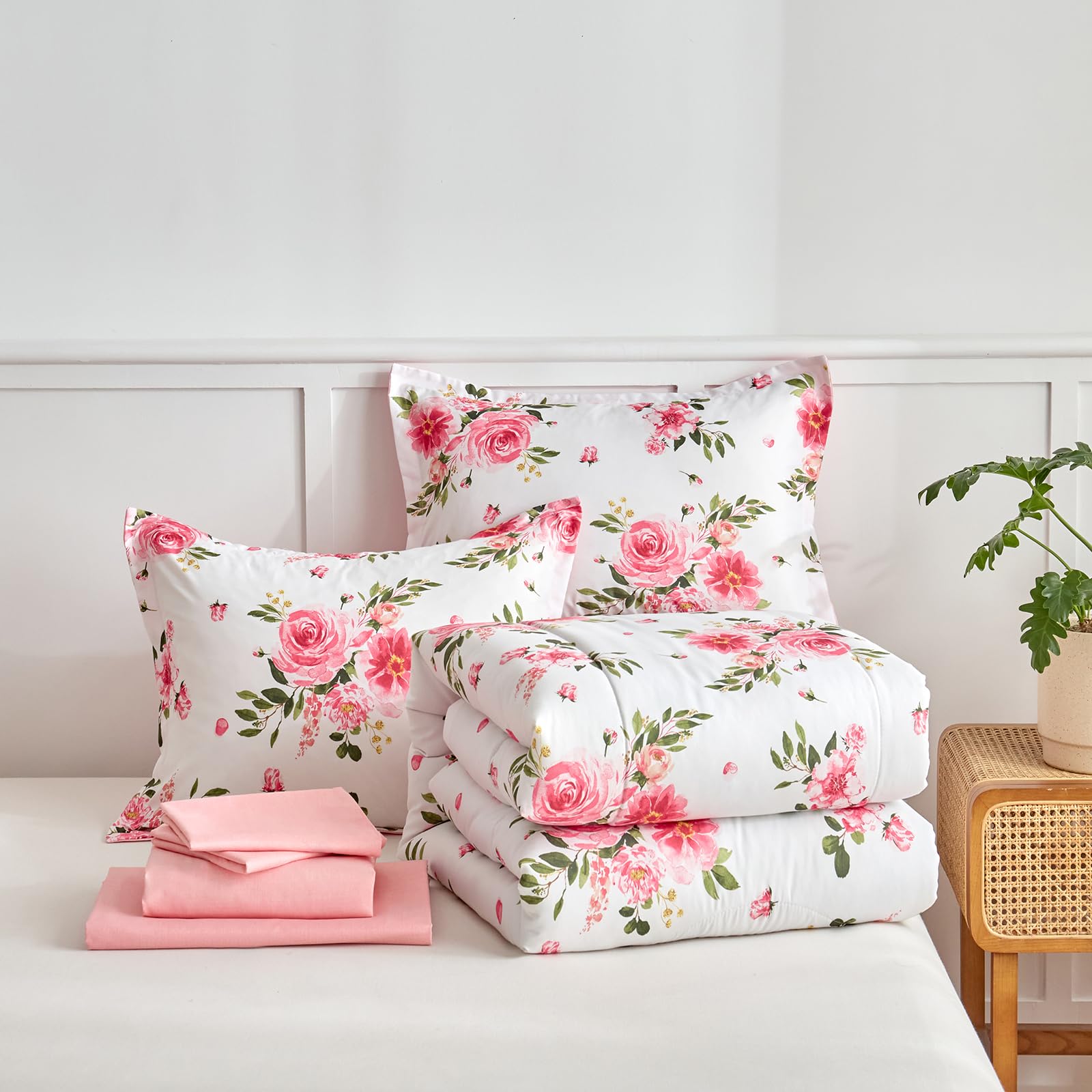 Flower Comforter Sheet Set White Bed in a Bag 7 Pieces Size, Pink Floral Microfiber Bedding Set (1 Comforter 2 Pillow Shams 1 Flat Sheet 1 Fitted Sheet 2 Pillowcases)