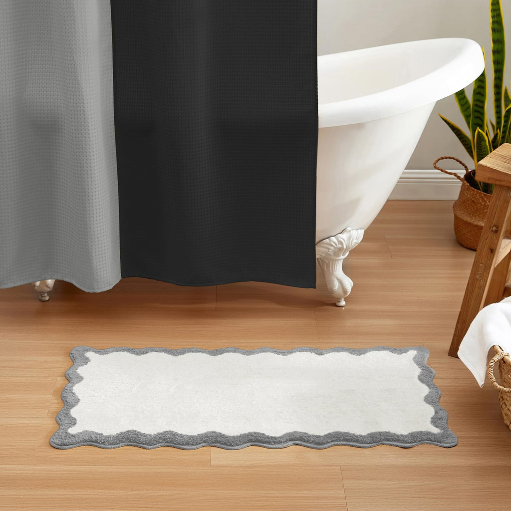 Wavy Bath Mat with Scalloped Ripple Design, Microfiber Absorbent Non Slip Tufted Rug