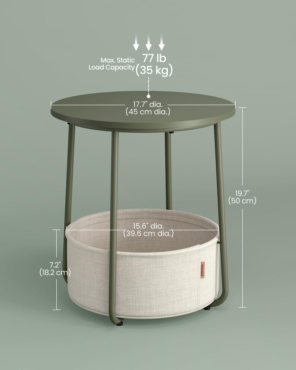Small Bedside Table with Fabric Basket, Modern Nightstand, Round Side Table