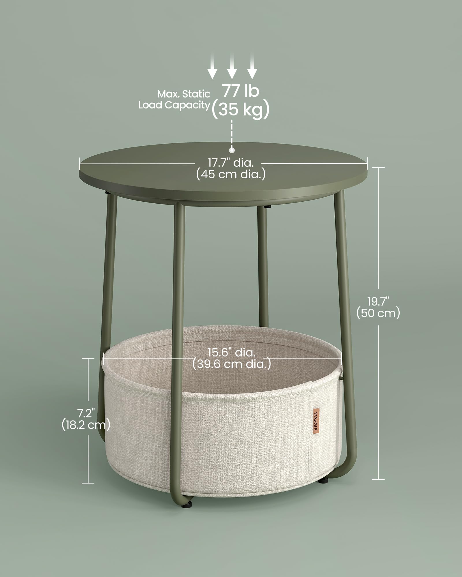 Small Bedside Table with Fabric Basket, Modern Nightstand, Round Side Table