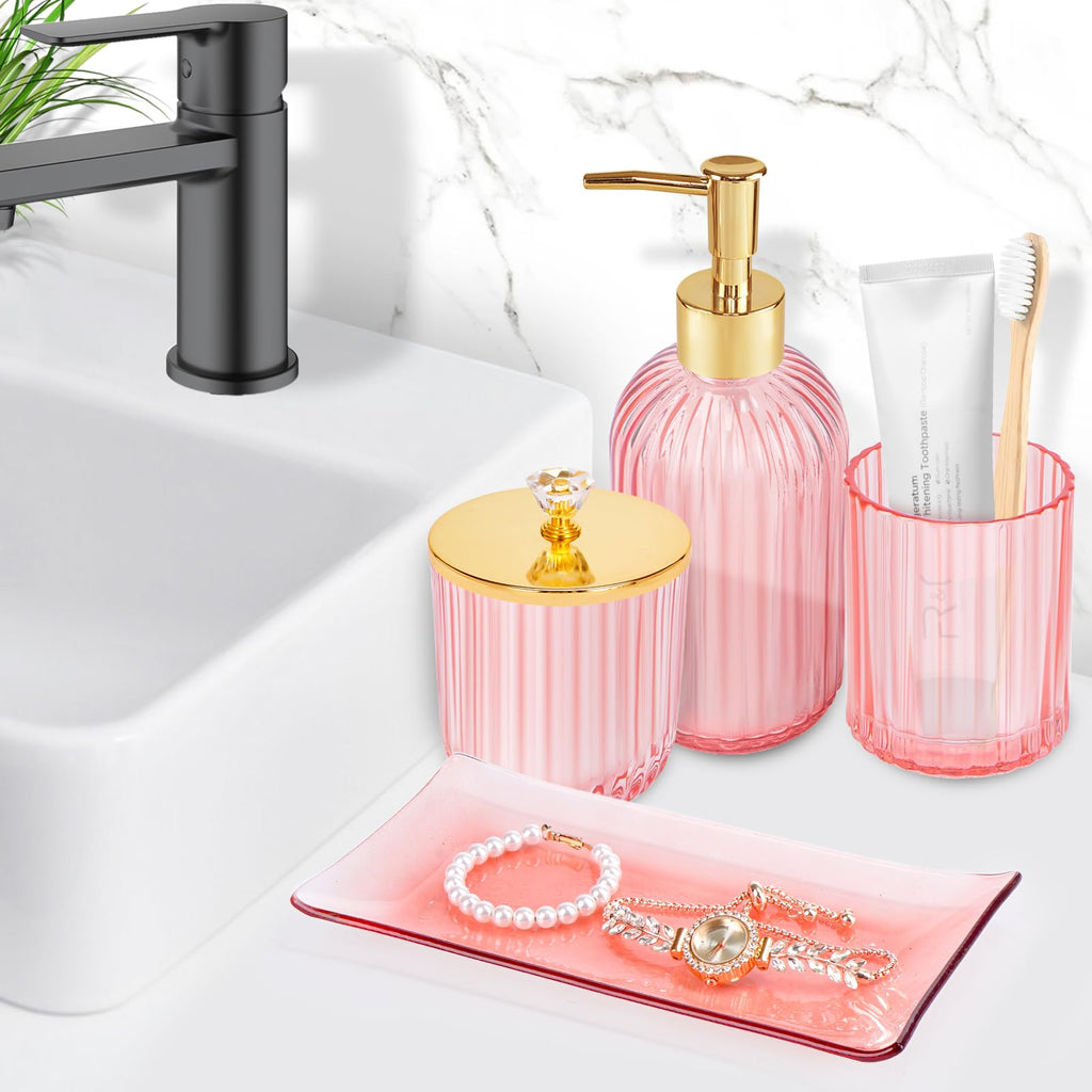 Glass Bathroom Accessories Set 4PCS Bathroom Accessories Set with Soap Dispenser Toothbrush Holder Qtip Holder & Vanity Tray