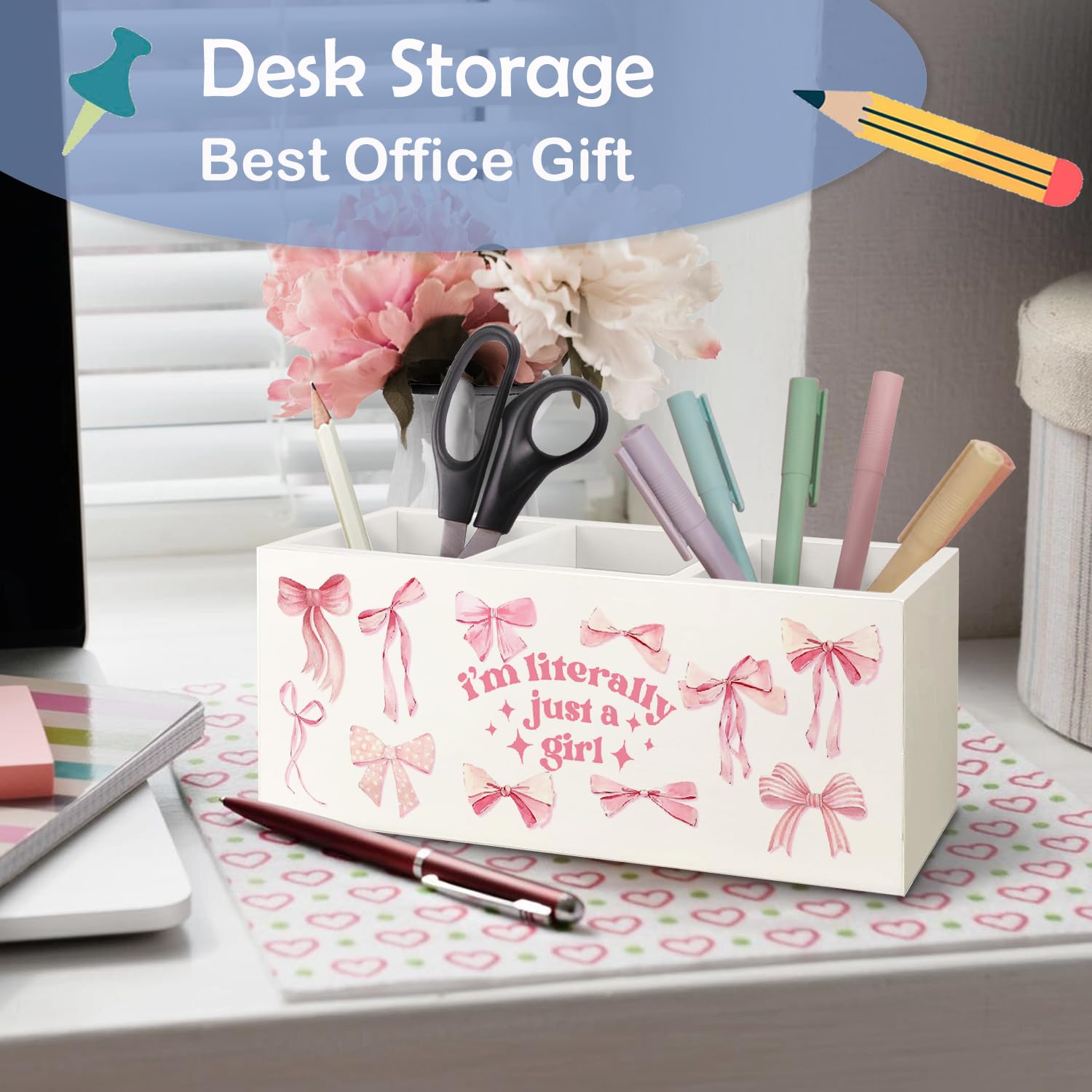 Coquette Bow Preppy Pen Holder, Preppy Desk Decor, Pen Pencil Holder Organizer for Office Desk Accessories