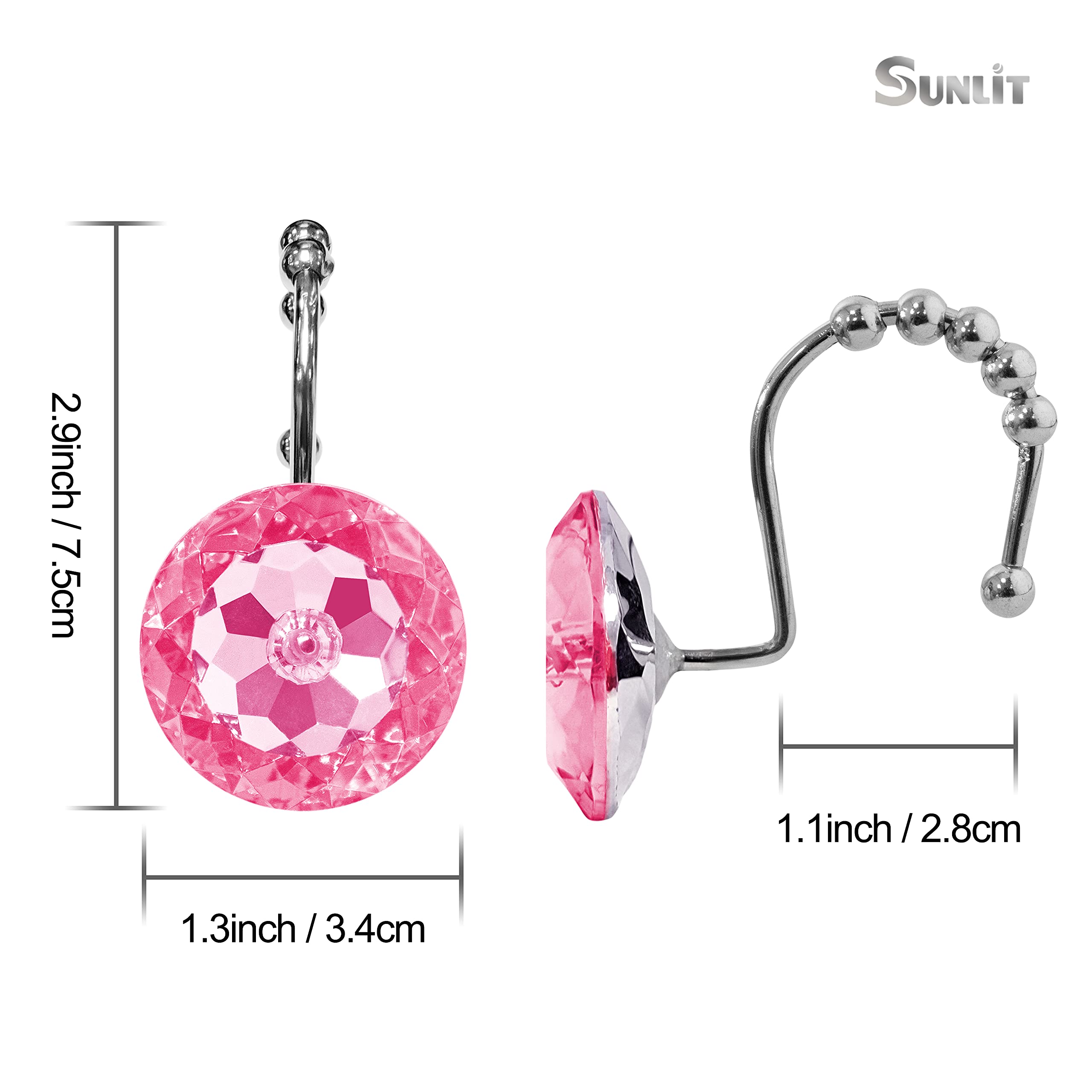 Luxury Design Round Diamond Crystal Gem Bling with Glide Balls Shower Curtain Hooks, Rust Proof Metal Rhinestones Glam Shower Curtain Rings-12 Pack