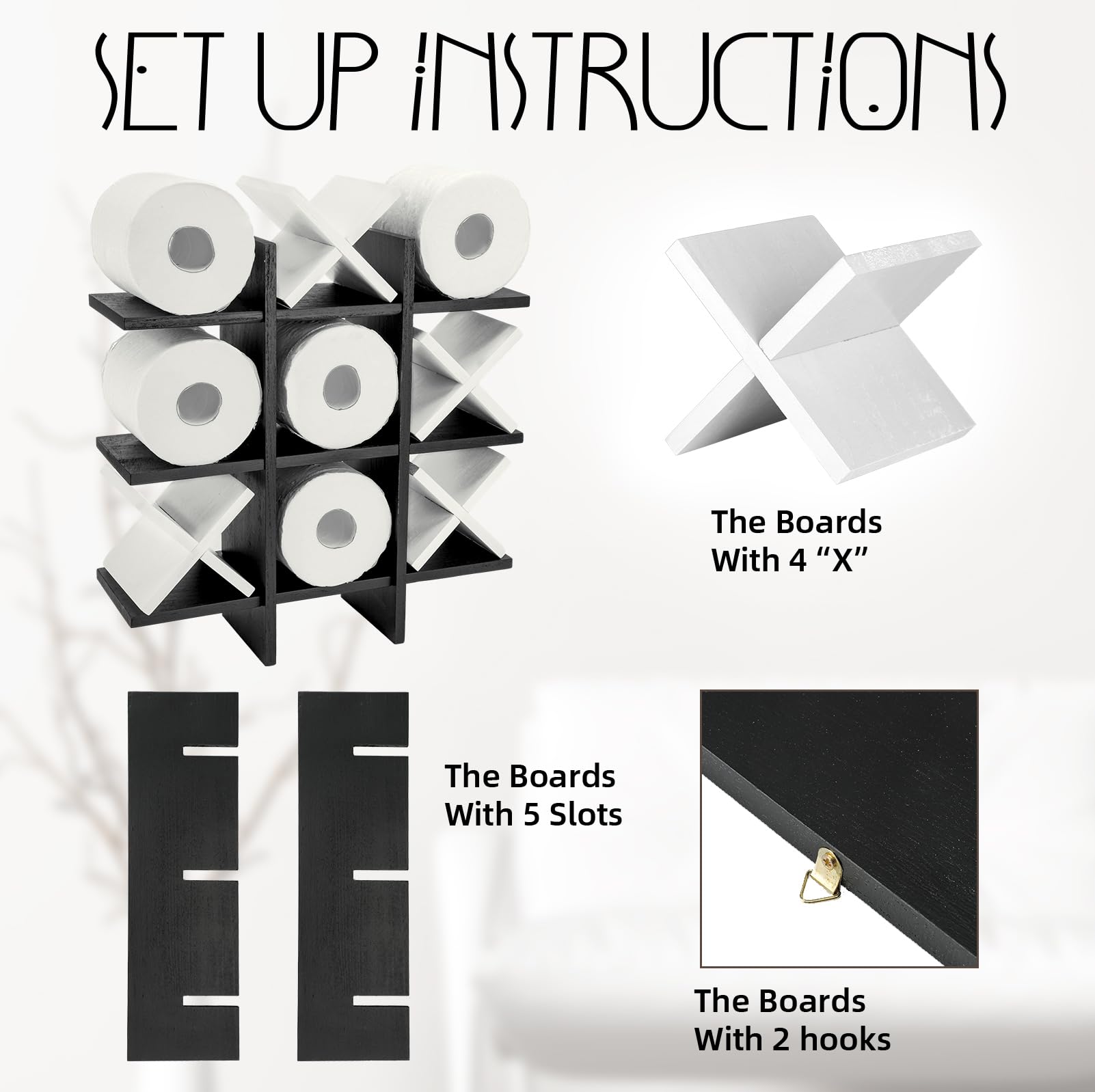 Tic Tac Toe Toilet Paper Holder Stand Bathroom Wall Decor Rustic Wooden Hanging Storage Freestanding Wall Mounted Shelves Decor