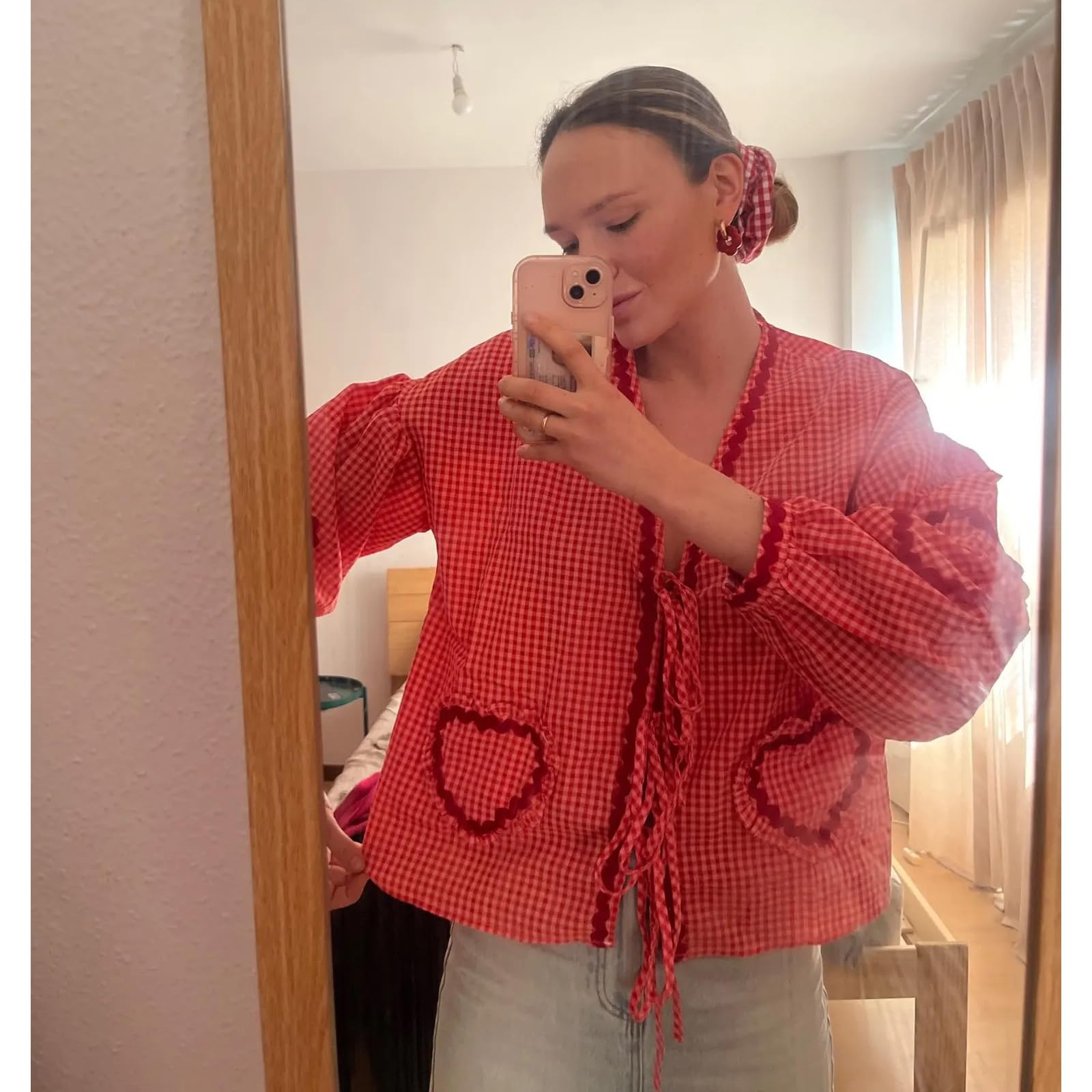 Tie Front Tops for Women Gingham Babydoll Bow Top Puff Sleeve Coquette Tops Heart Long Sleeve Cute Spring Tops