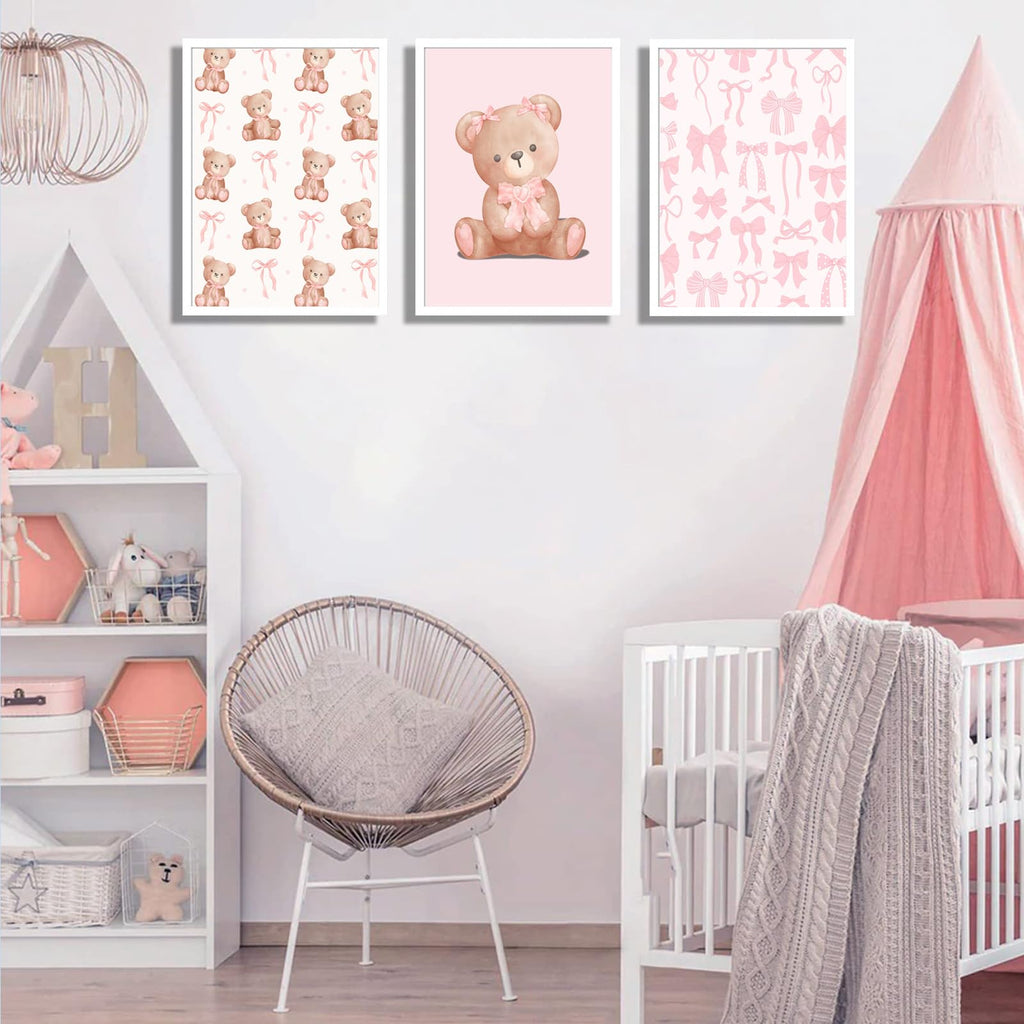 Pink Teddy Bear Wall Art Coquette Bow Wall Decor Pictures Cute Animal Nursery Canvas Posters Prints 3Pcs