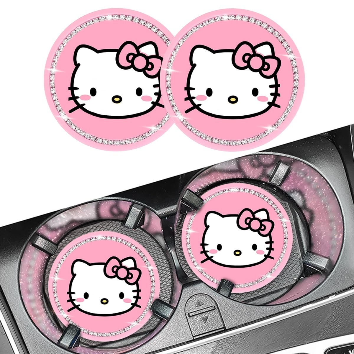 Cute Kitty Cup Holder Coasters, Black Silicone Anti-Slip Car Coasters, Cup Pads for Home Office, Universal 2.75 Inch 2PCS