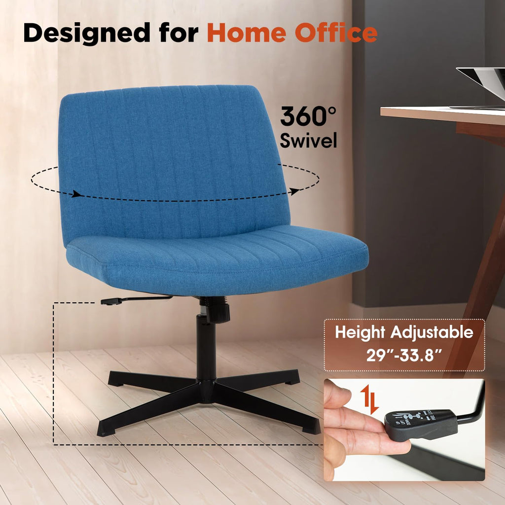 Criss Cross Chair, Armless Cross Legged Wide Comfty Desk Chair with No Wheels Modern Height Adjustable, Swivel Fabric Vanity Chair