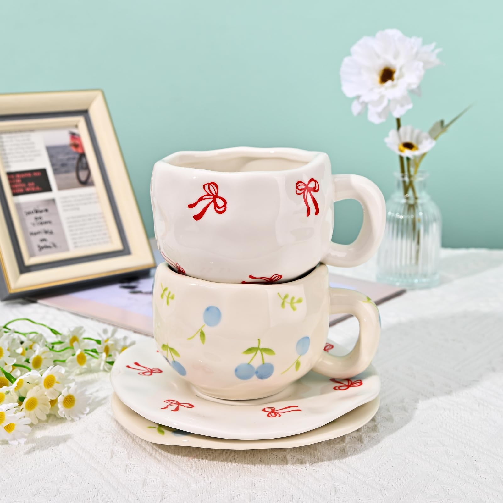 Ceramic Coffee Mug with Saucer Set, Cute Creative Cup Unique Irregular Design, 10 oz/300 ml