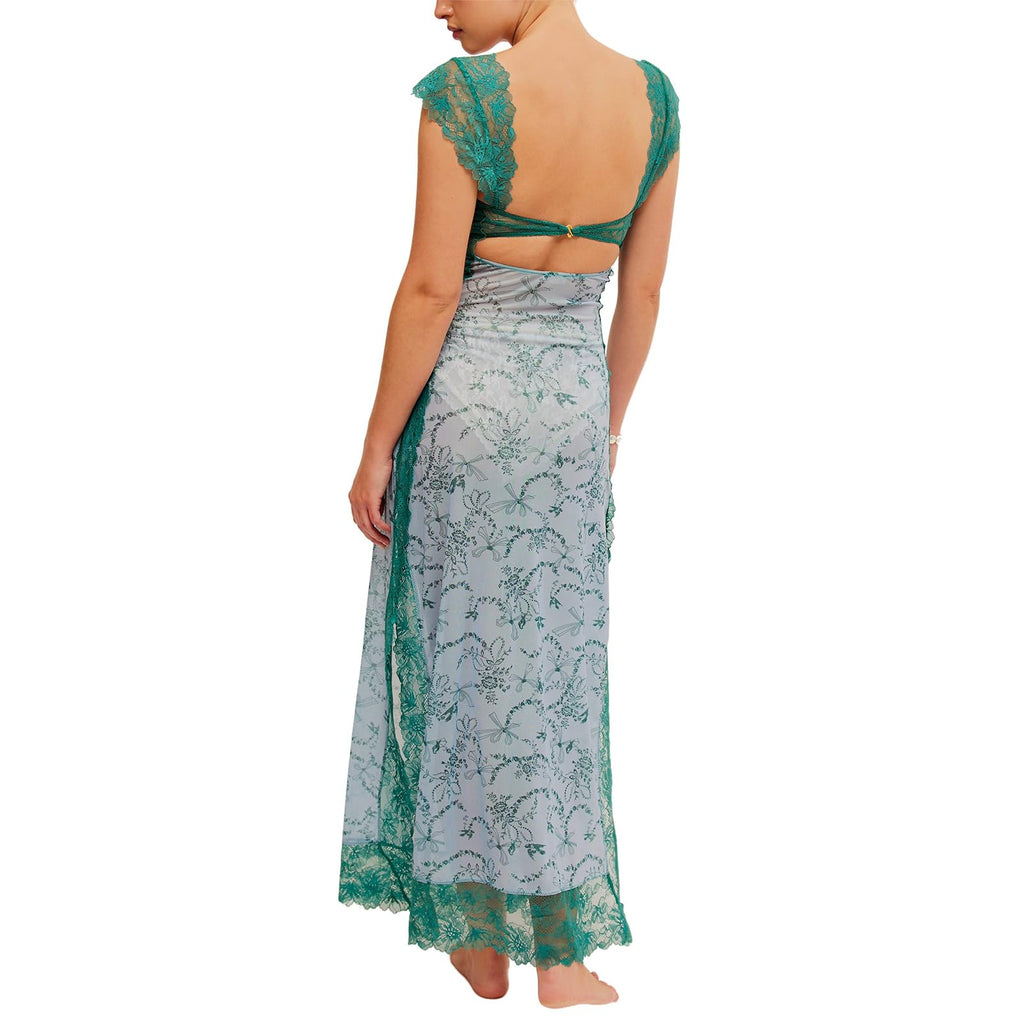 Women Sleeveless Maxi Dress Backless Bodycon Floral Printed Spaghetti Strap Long Dress Sheer Mesh Summer One-Piece