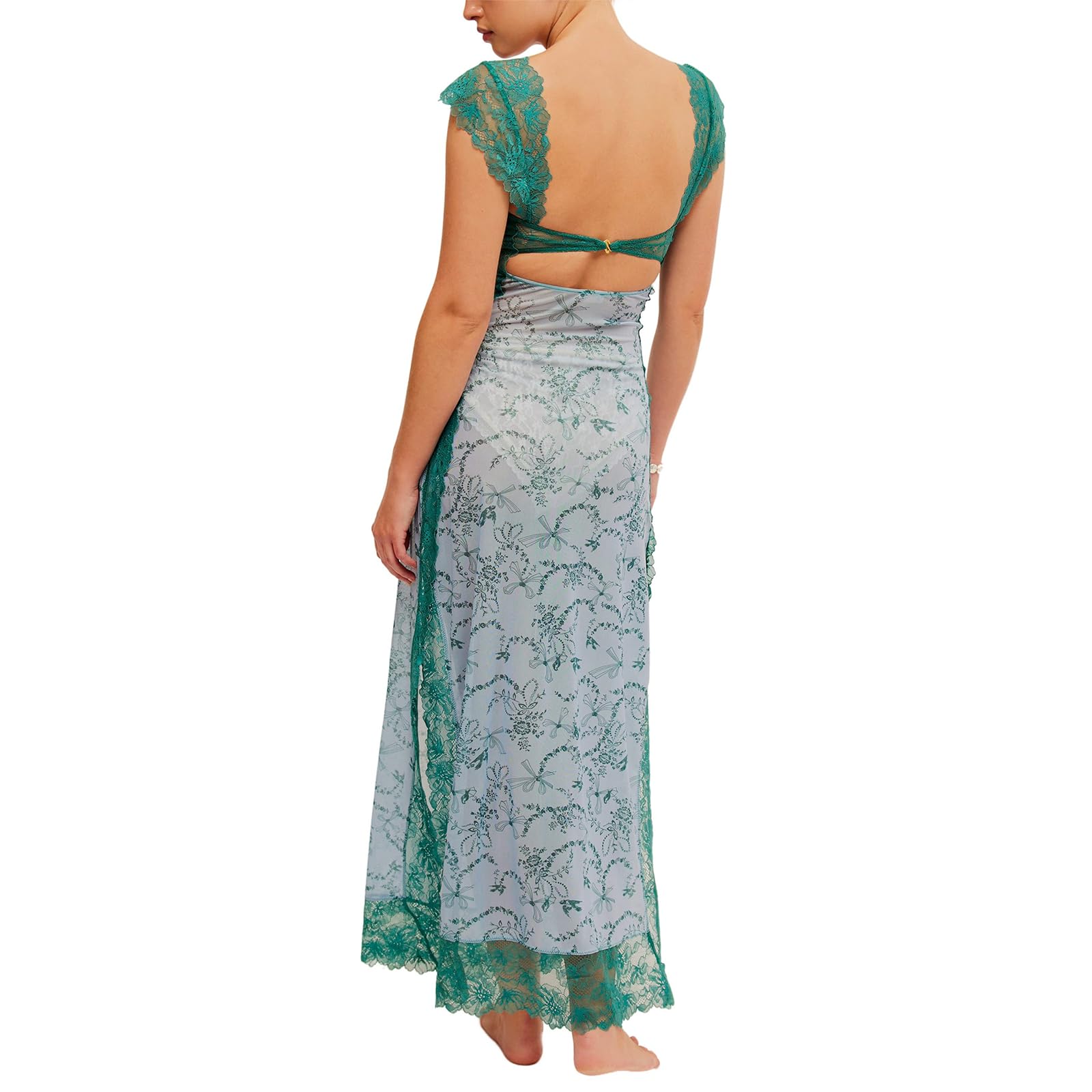 Women Sleeveless Maxi Dress Backless Bodycon Floral Printed Spaghetti Strap Long Dress Sheer Mesh Summer One-Piece