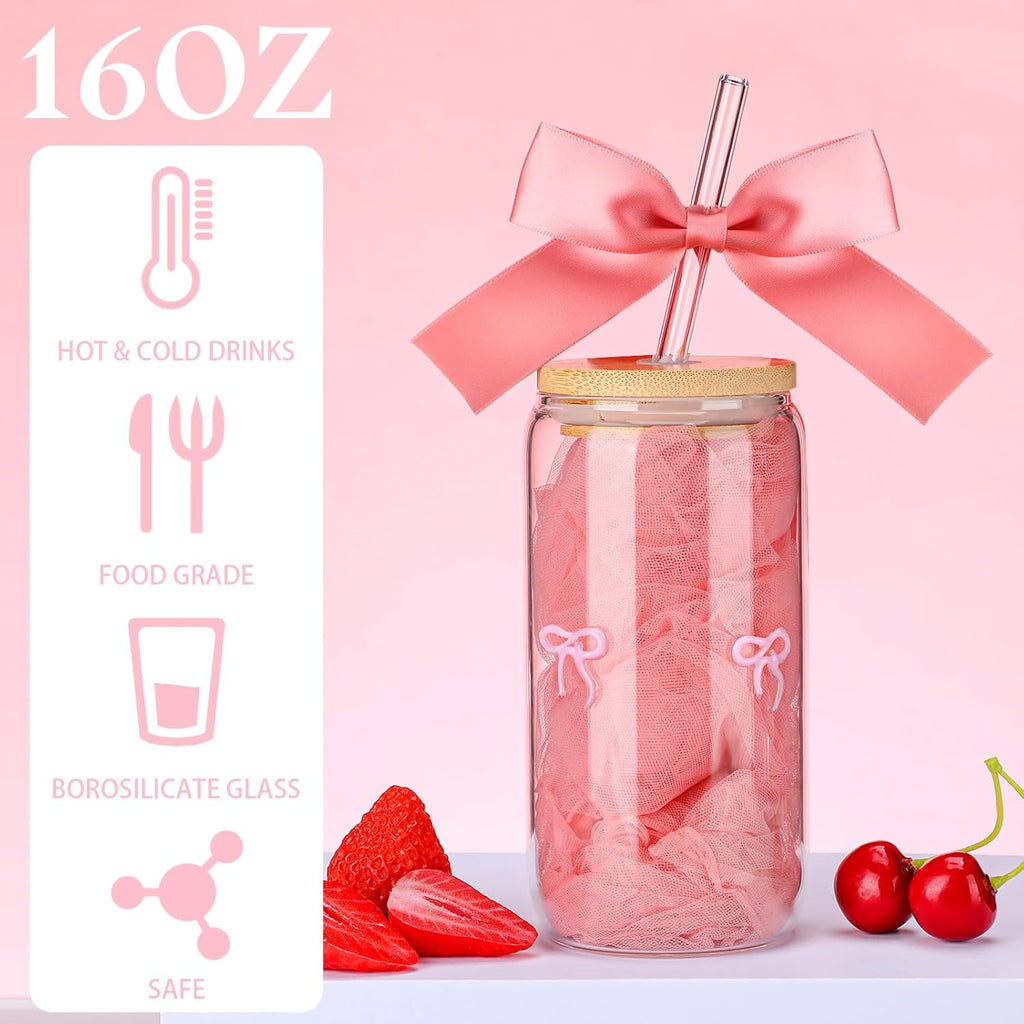 Coquette Bow Aesthetic Glass Cup with Clear Gift Bag Lids and Straws 16 oz Pink Bow Glass Cups Cute Tumbler