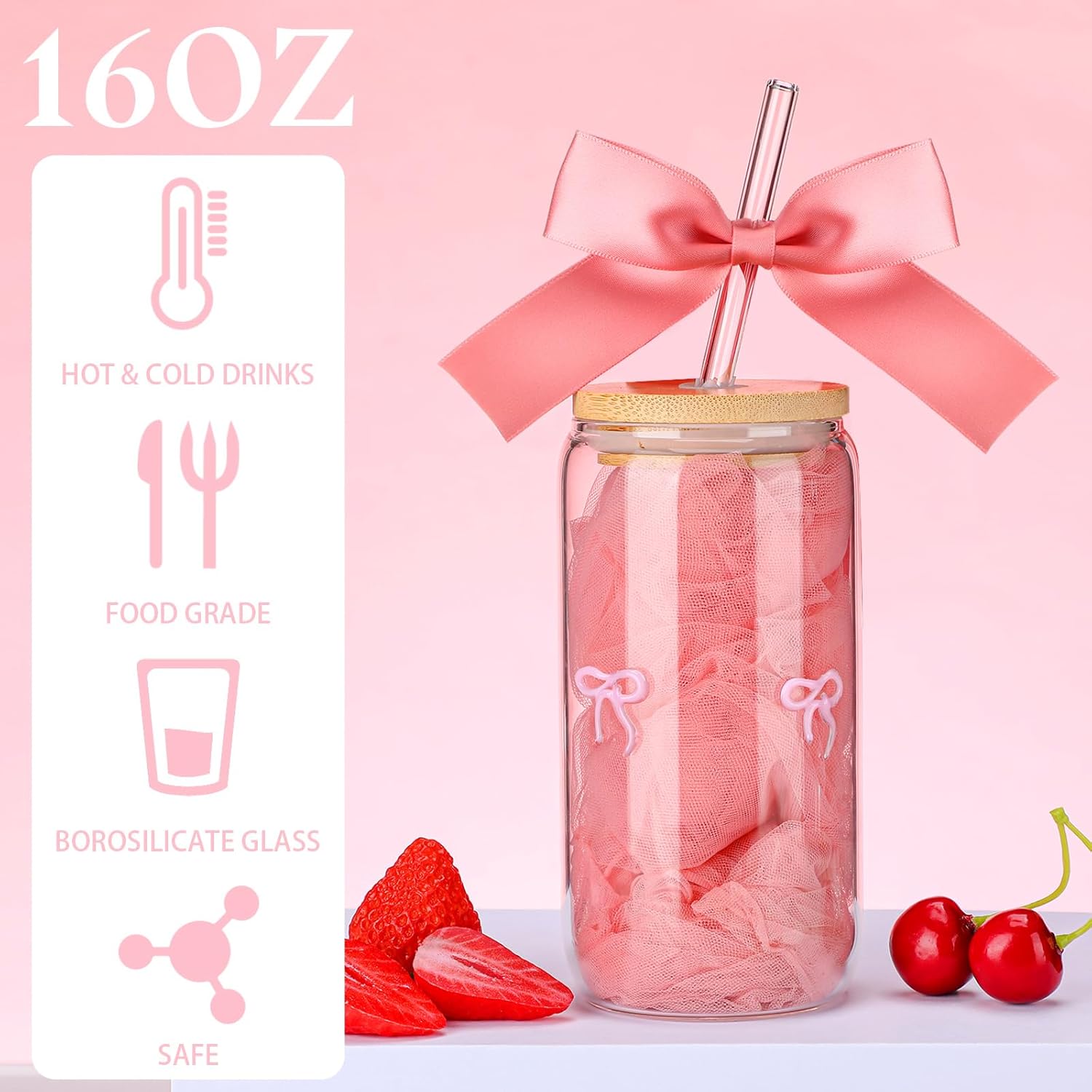 Coquette Bow Aesthetic Glass Cup with Clear Gift Bag Lids and Straws 16 oz Pink Bow Glass Cups Cute Tumbler