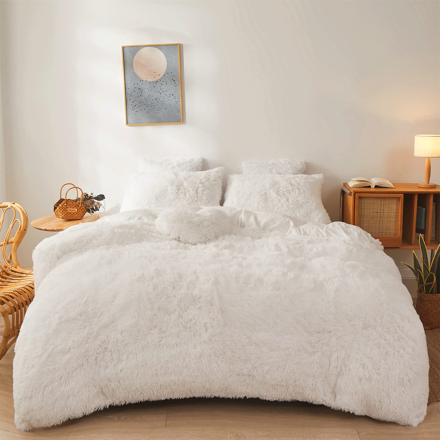 Fluffy Faux Fur Comforter Cover Set Queen - Ultra Soft Plush Bedding Sets 3 Pieces (1 Fluffy Duvet Cover + 2 Faux Fur Pillow case) Cute Bed Set