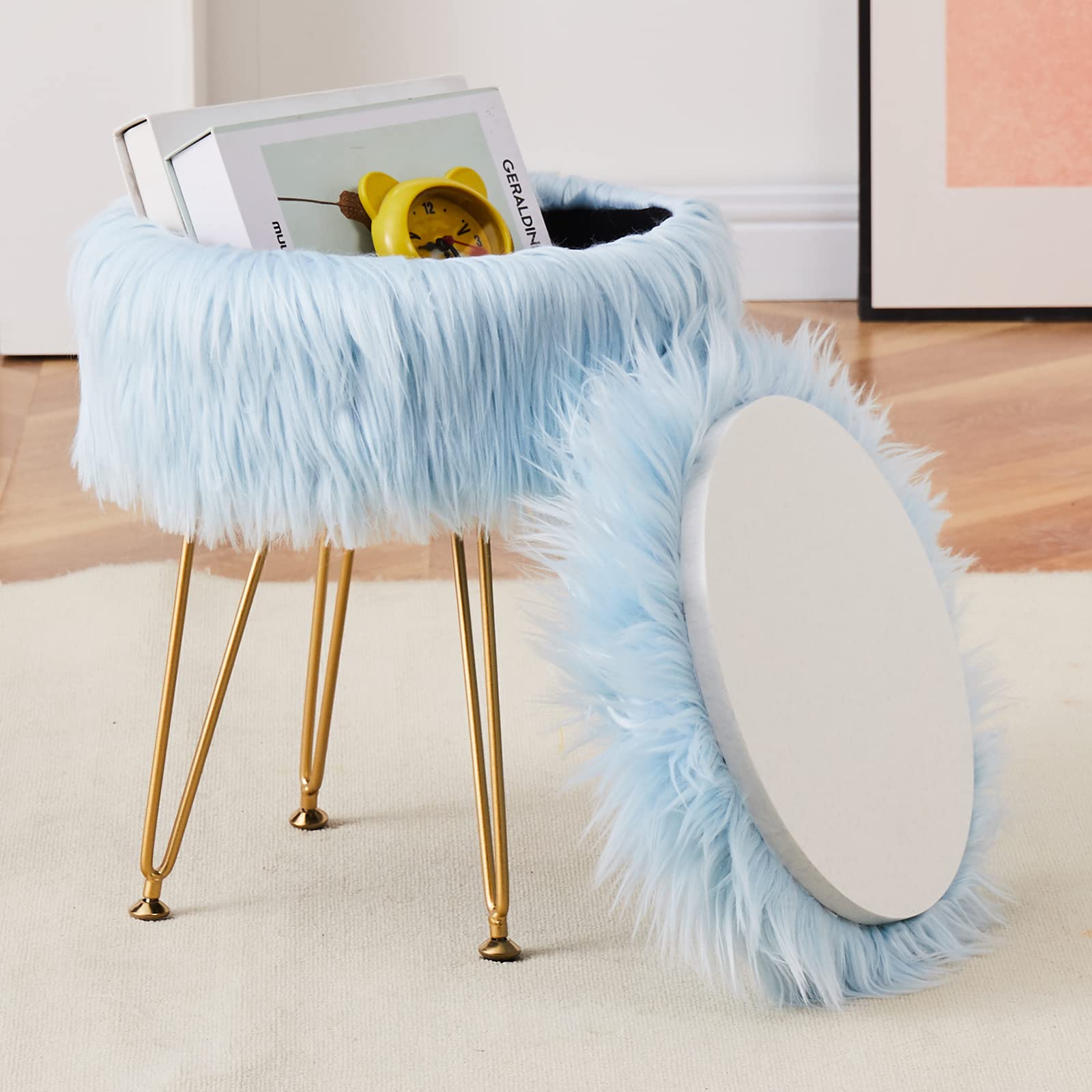 Faux Fur Storage Ottoman Round Furry Vanity Stool Marble Grain Tray Coffee Table Compact Footrest Stool with 4 Metal Legs Soft Makeup Seat Foot Stools for Living Room Bedroom Entryway