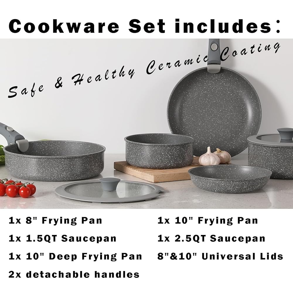 Pink Grey Non-stick Pot And Pan Sets With Removable Handle, Ceramic Cookware Set Detachable Handle, Induction Kitchen