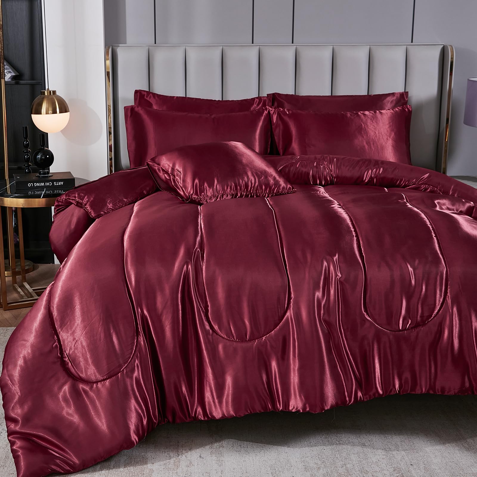 Satin Comforter Set with Sheet Set Full Silk Like Hot Pink Bed in a Bag Luxury Silky Bedding with 1 Comforter, 1 Flat Sheet, 1 Fitted Sheet, 4 Pillowcases, 1 Cushion Cover (Full, Hot Pink)