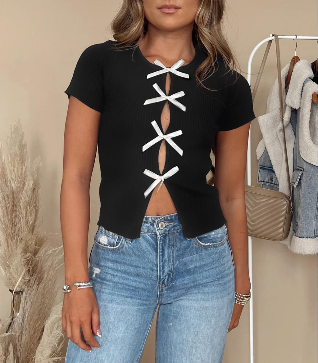 Cropped Bow Tops Y2k  Short Sleeve Fitted Shirts - Coquette Crew Neck Ribbed Knit Tee