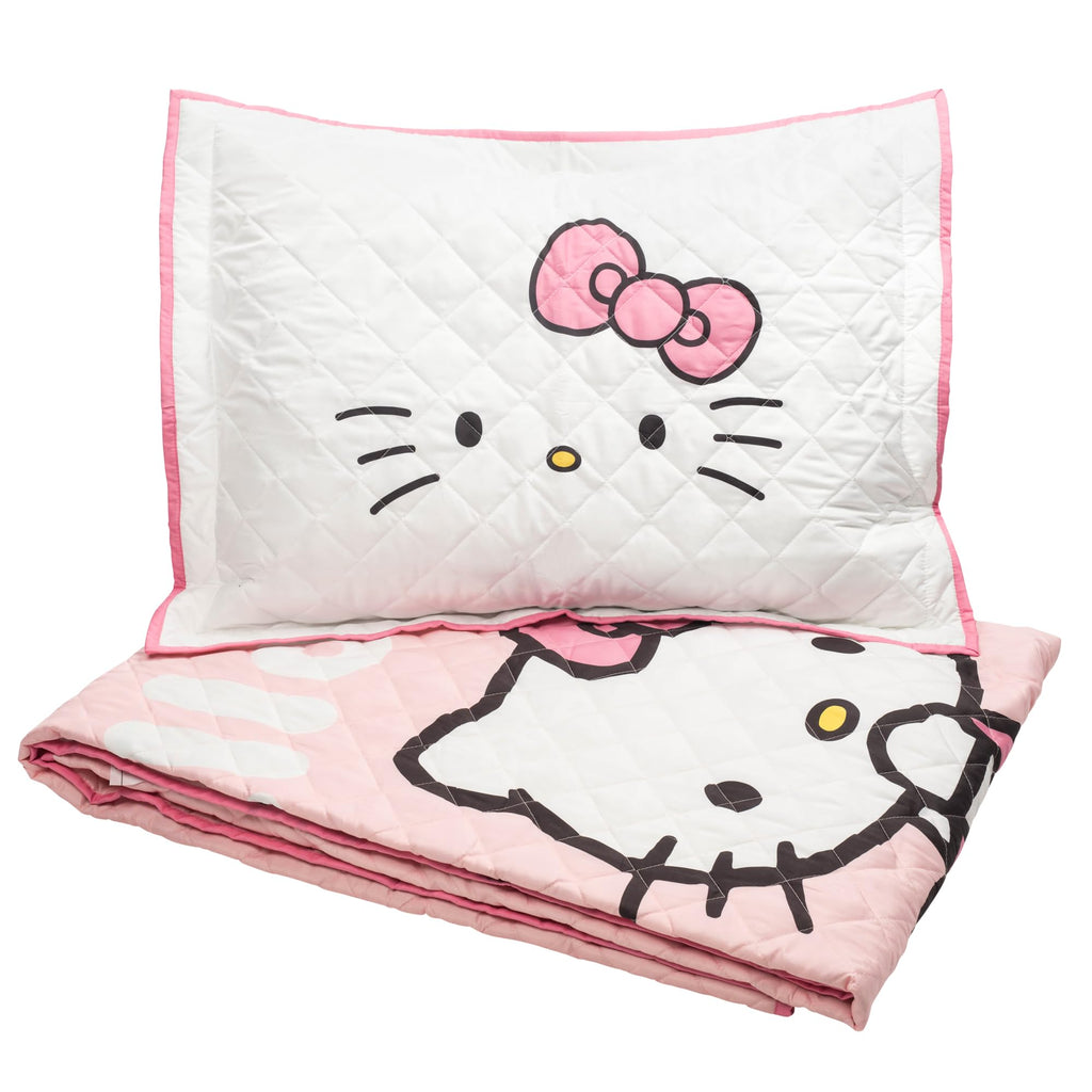 Hello Kitty Pink Stripes & Hearts Quilt & Sham Set - Super Soft Lightweight Bedspread Set