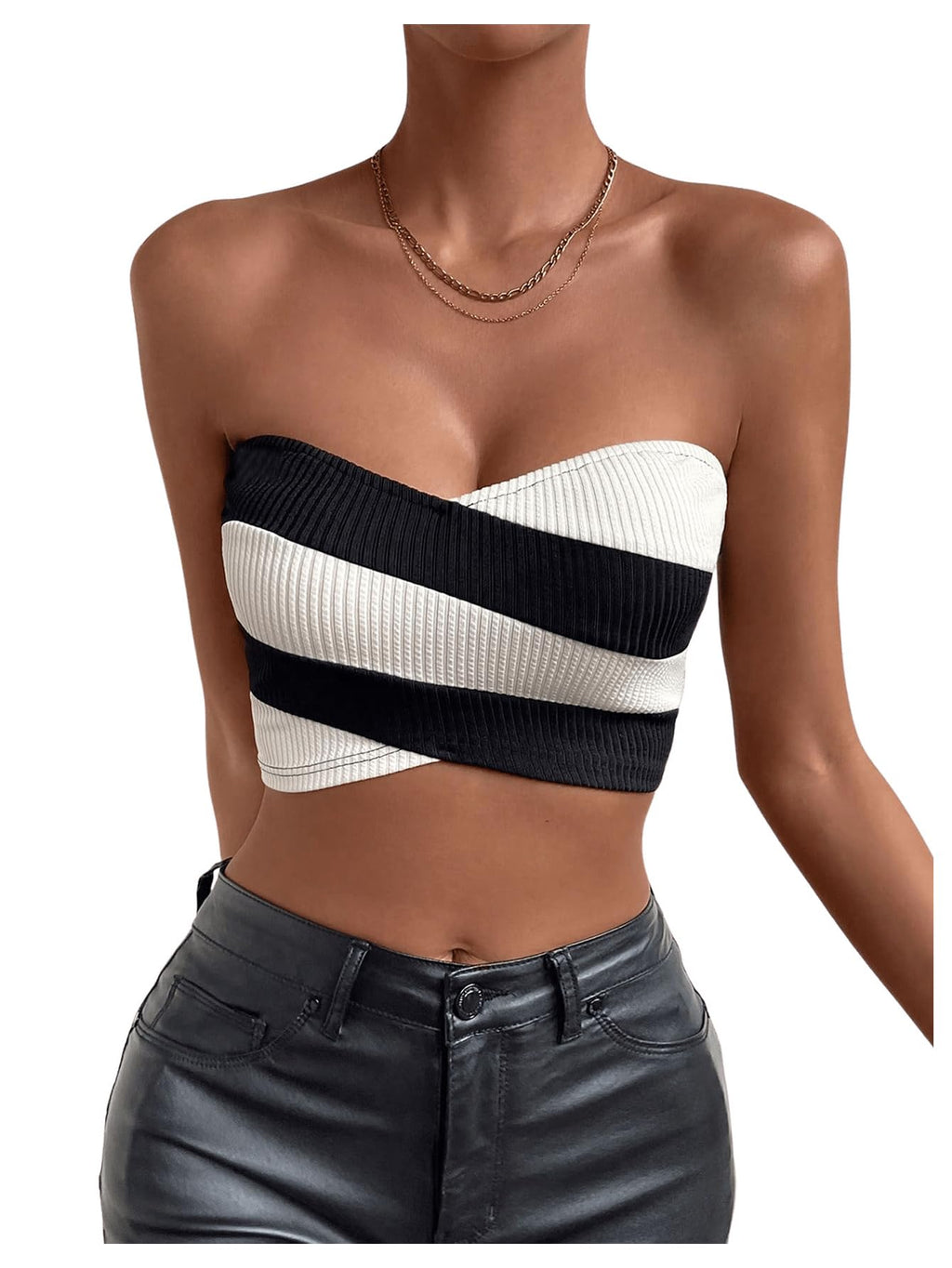 Women's Striped Criss Cross Strapless Tube Crop Top Sleeveless Ribbed Bandeau