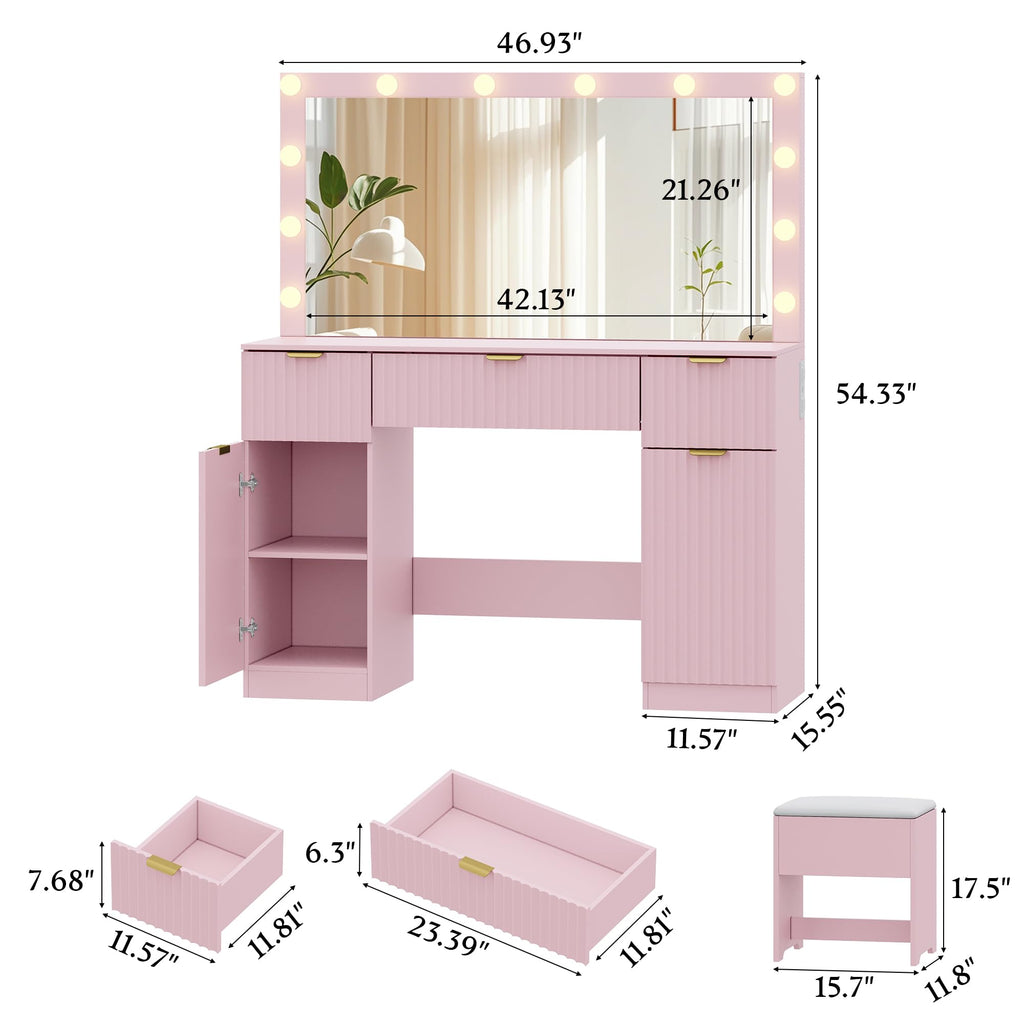 Makeup Vanity Desk with Mirror, Fluted Panel, Large LED Mirror, 3 Lighting Modes & Adjustable Brightness, Charging Station, Dressing Table with Stool