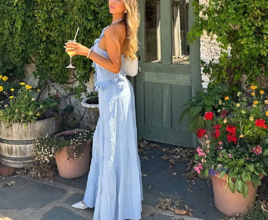 Womens 2 Piece Maxi Skirt Set Y2k Halter Ruched Cami Top Tiered Flowy Ruffle Skirt Outfit