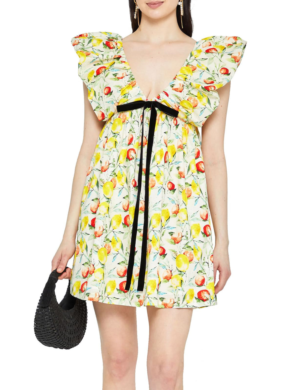 Women's Mini Dress V Neck Puff Sleeve Dress Short Babydoll Bow Dress