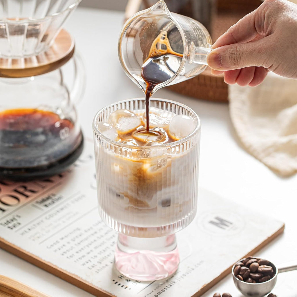 Durable Glass 4-Piece Clear Ribbed Cocktail Glasses, 12oz Featuring a Stabilizing Conical Base with a Pink Ombre Finish