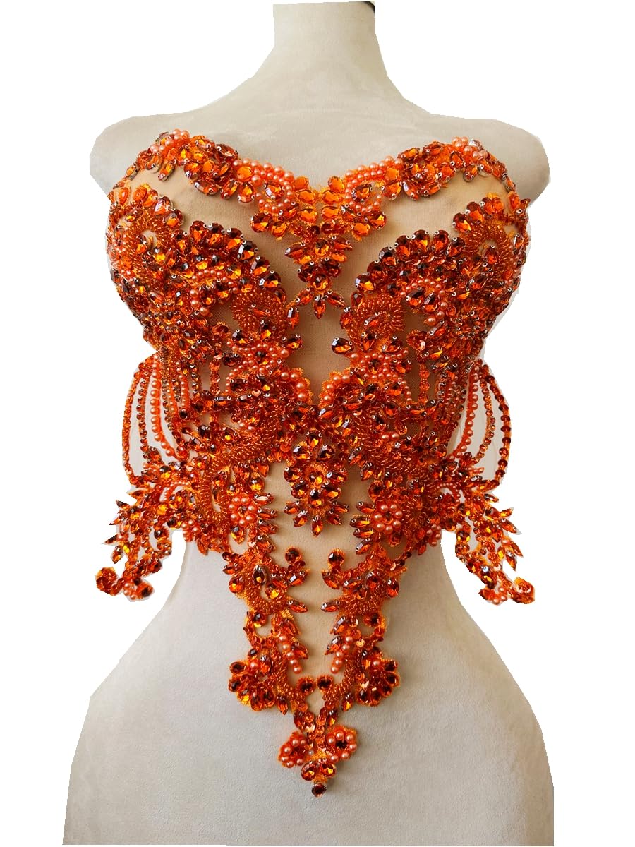 Handmade red/Blue/Gold/Green Rhinestones lace Bodice Applique Sewing Beads Crystal Trim Patches Accessory for Dress Clothes (Rose red)