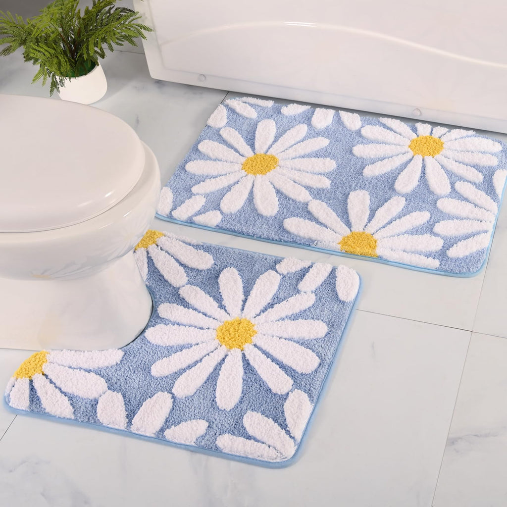 U Shaped Toilet Mat Cute Daisy Contour Bath Rug 20"x20", Extra Thick Soft Machine Washable Toilet Carpet, Non Slip Bathroom Floor Mats Super Absorbent Microfiber Bath Rugs