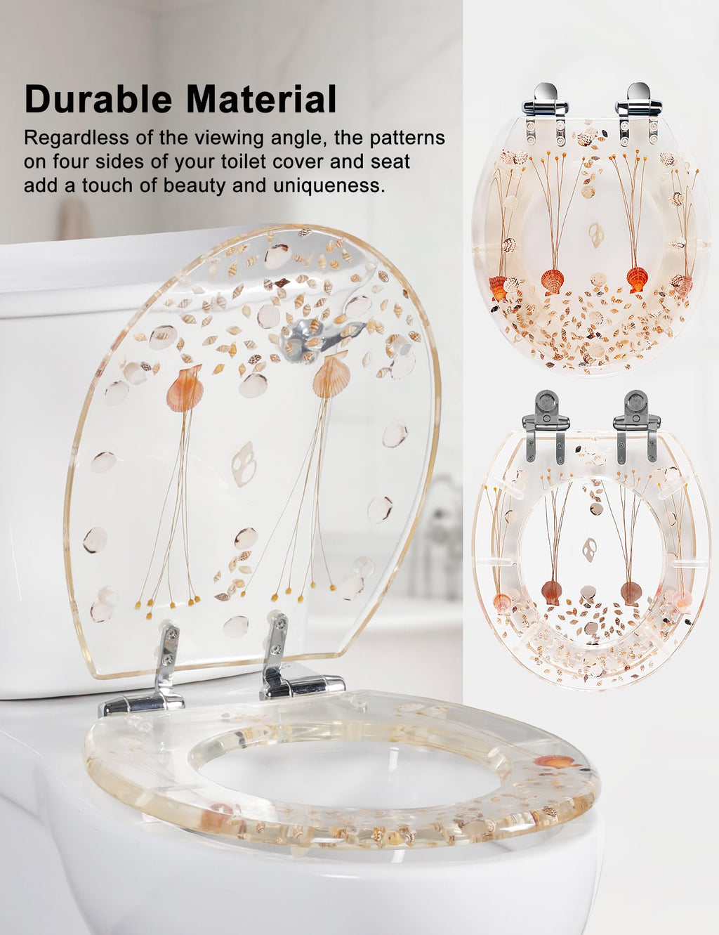 Round Resin Toilet Seat Glitter Soft Close Quick Release Metal Zinc Alloy Hinge Easy to Install also Easy to Clean, Decorative Acrylic Seats (17 Inch)