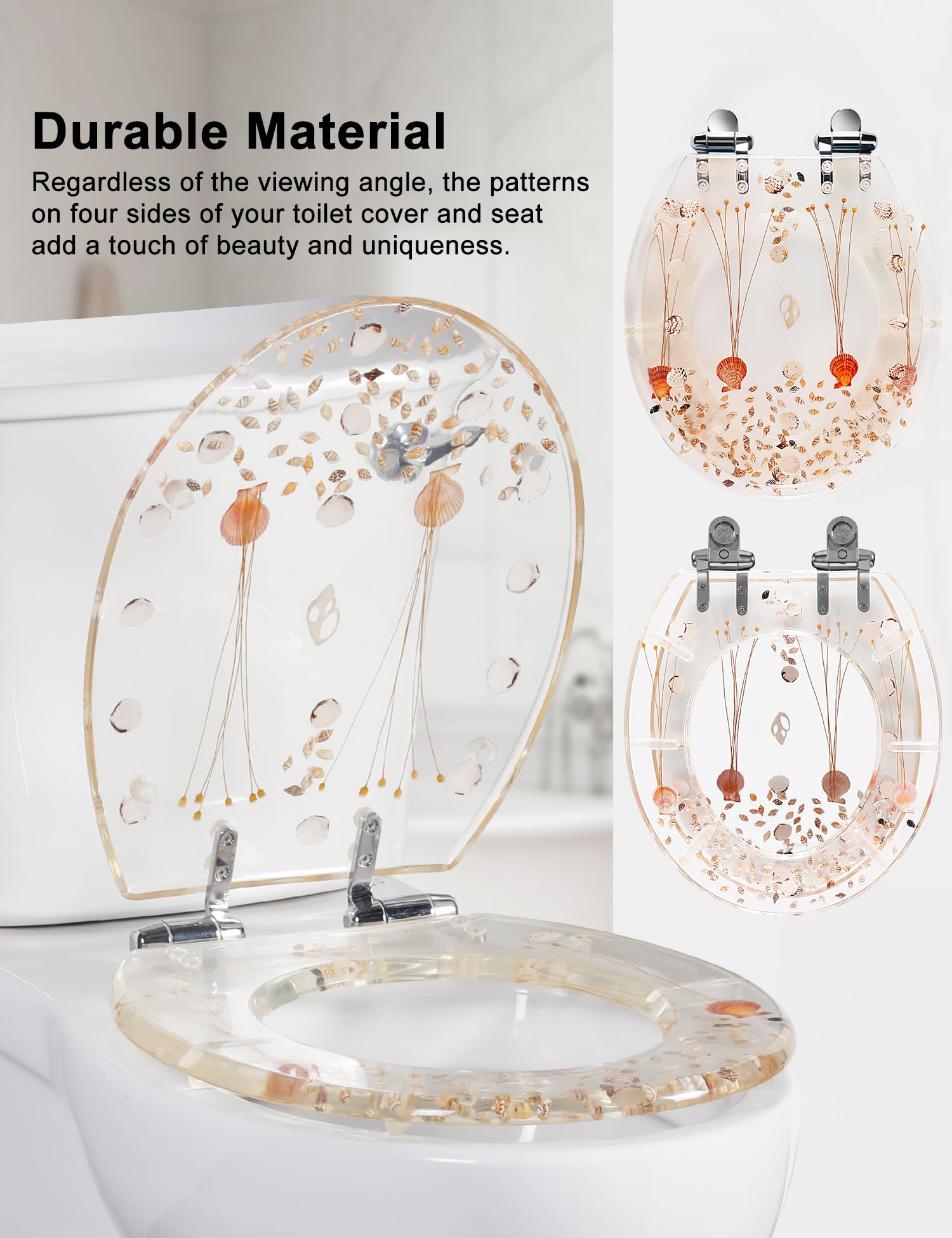 Round Resin Toilet Seat Glitter Soft Close Quick Release Metal Zinc Alloy Hinge Easy to Install also Easy to Clean, Decorative Acrylic Seats (17 Inch)