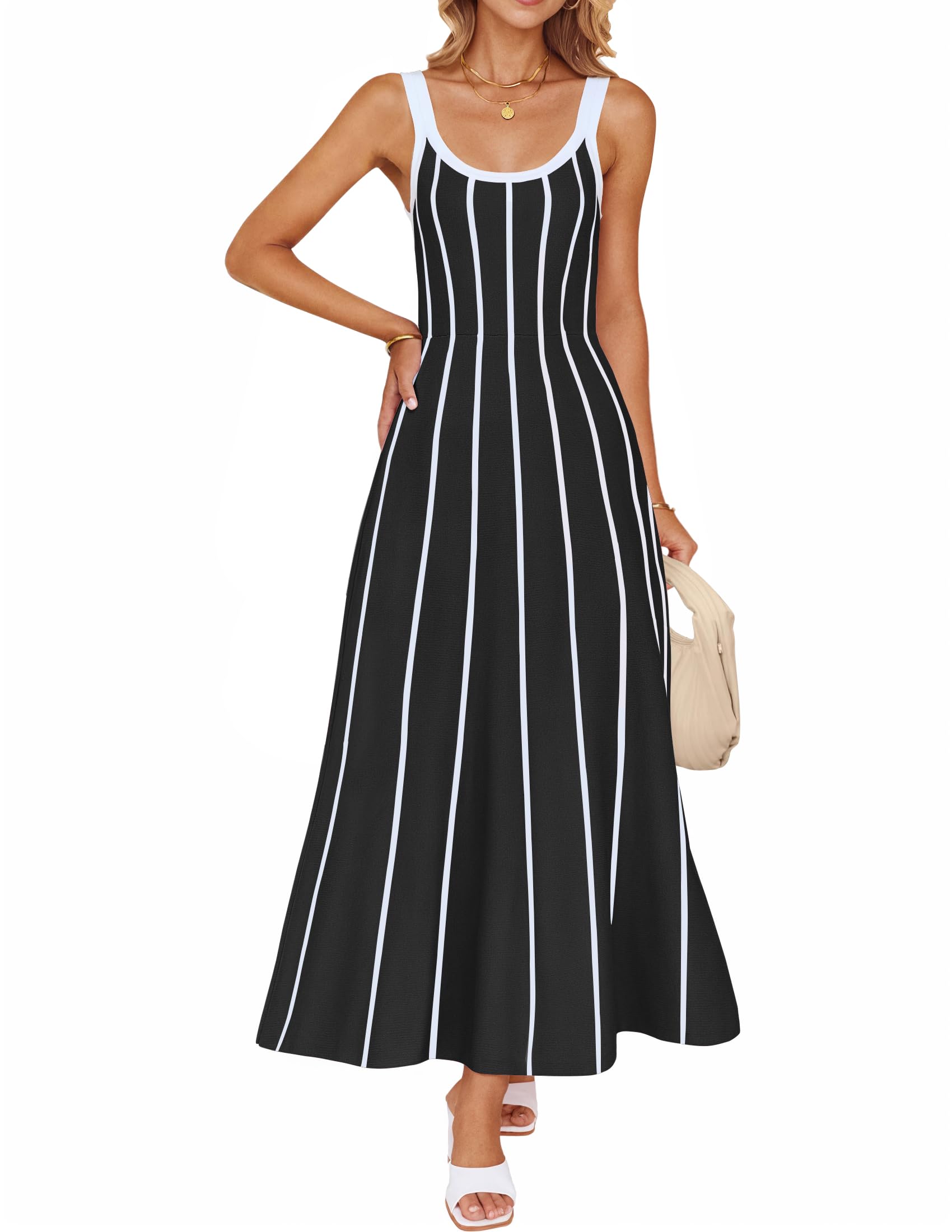 Wome's Summer Sleeveless Striped Midi Dress 2025 Knit Casual Elegant A Line Swing Long Dresses