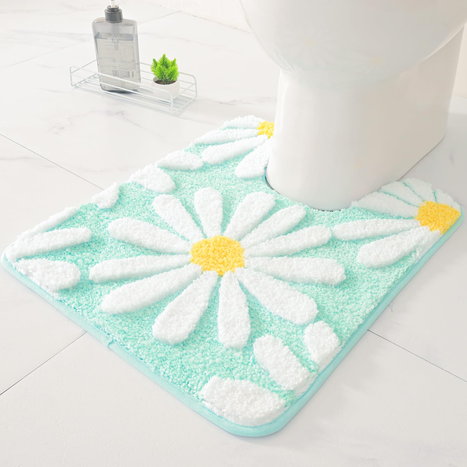 U Shaped Toilet Mat Cute Daisy Contour Bath Rug 20"x20", Extra Thick Soft Machine Washable Toilet Carpet, Non Slip Bathroom Floor Mats Super Absorbent Microfiber Bath Rugs