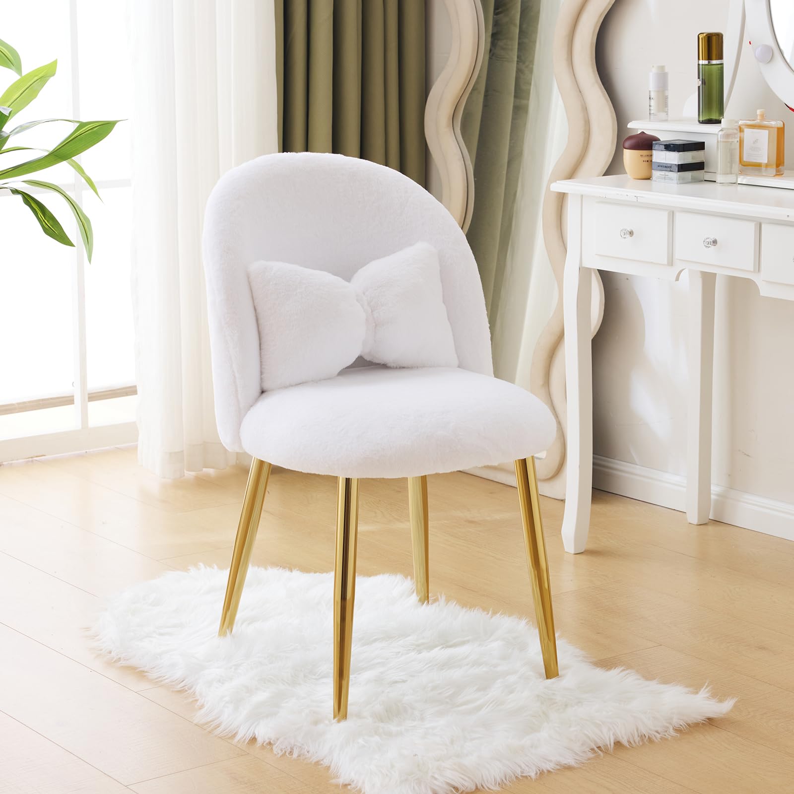 Cute, non-wheeled desk chair with backrest, fluffy cushion, cozy makeup chair with adjustable golden legs