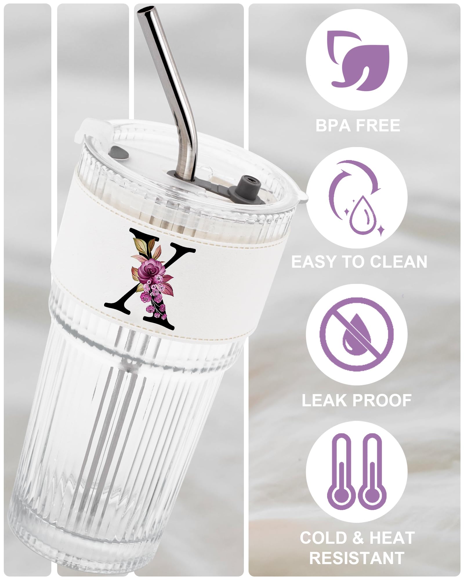 Initial Glass Cup with Lid Straw Ribbed Ice Tea Clear Tumbler Her Sister Coffee Matcha Latte Girlfriend Gf Aunt Best Friend Friendship Bestie Wife Cute Asthetic Unique Birthday Personalized Gift K