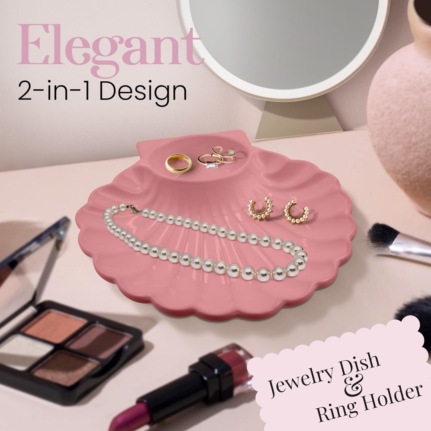 Cute Shell Jewelry Holder for Pink Coquette Room Decor - Seashell Jewelry Dish Trinket Tray for Women, Pink Ceramic Trinket Dish, Seashell Ring Holder