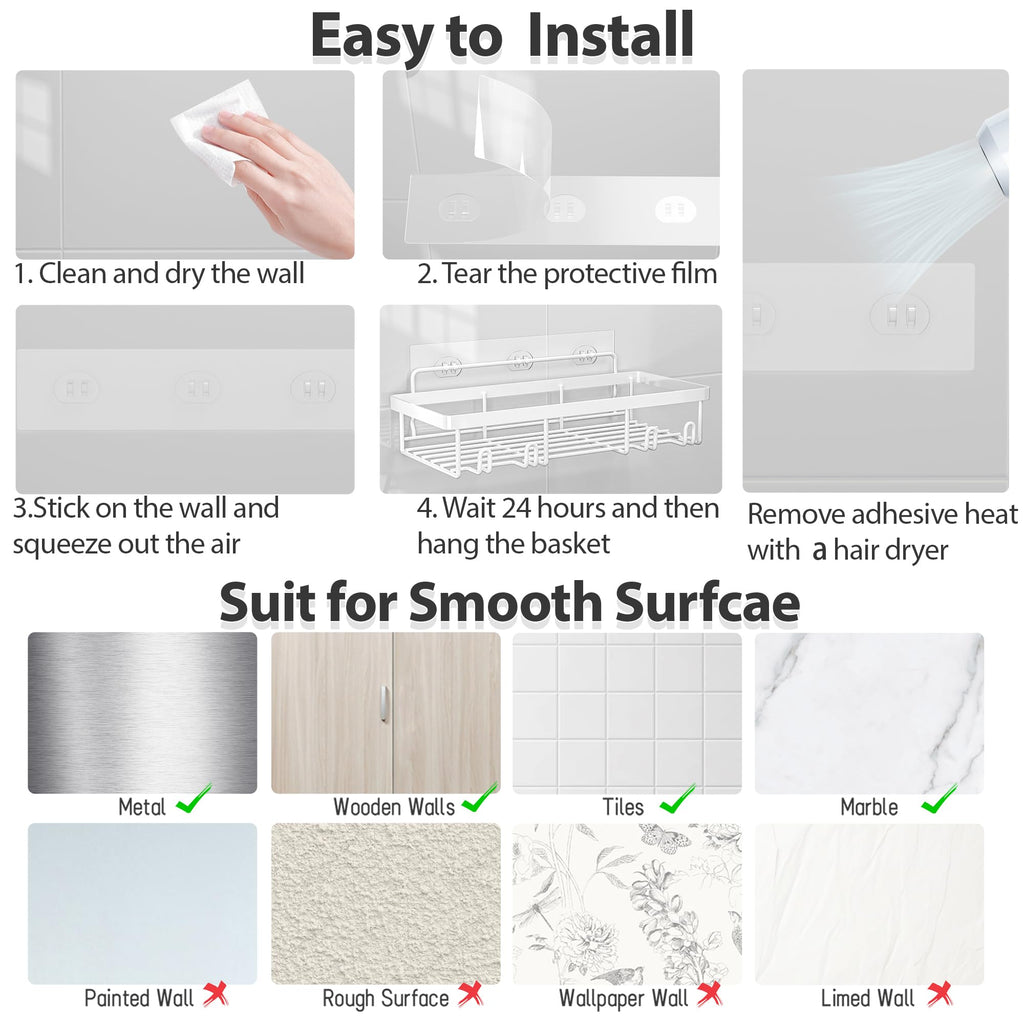 Shower Caddy Organizer Rack Shelf for Inside Shower, Adhesive Bathroom Wall Storage Basket Rustproof Stainless Steel