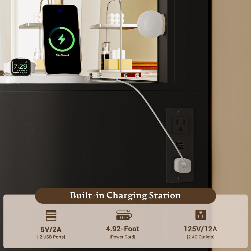 Makeup Vanity Desk with Mirror, Fluted Panel, Large LED Mirror, 3 Lighting Modes & Adjustable Brightness, Charging Station, Dressing Table with Stool